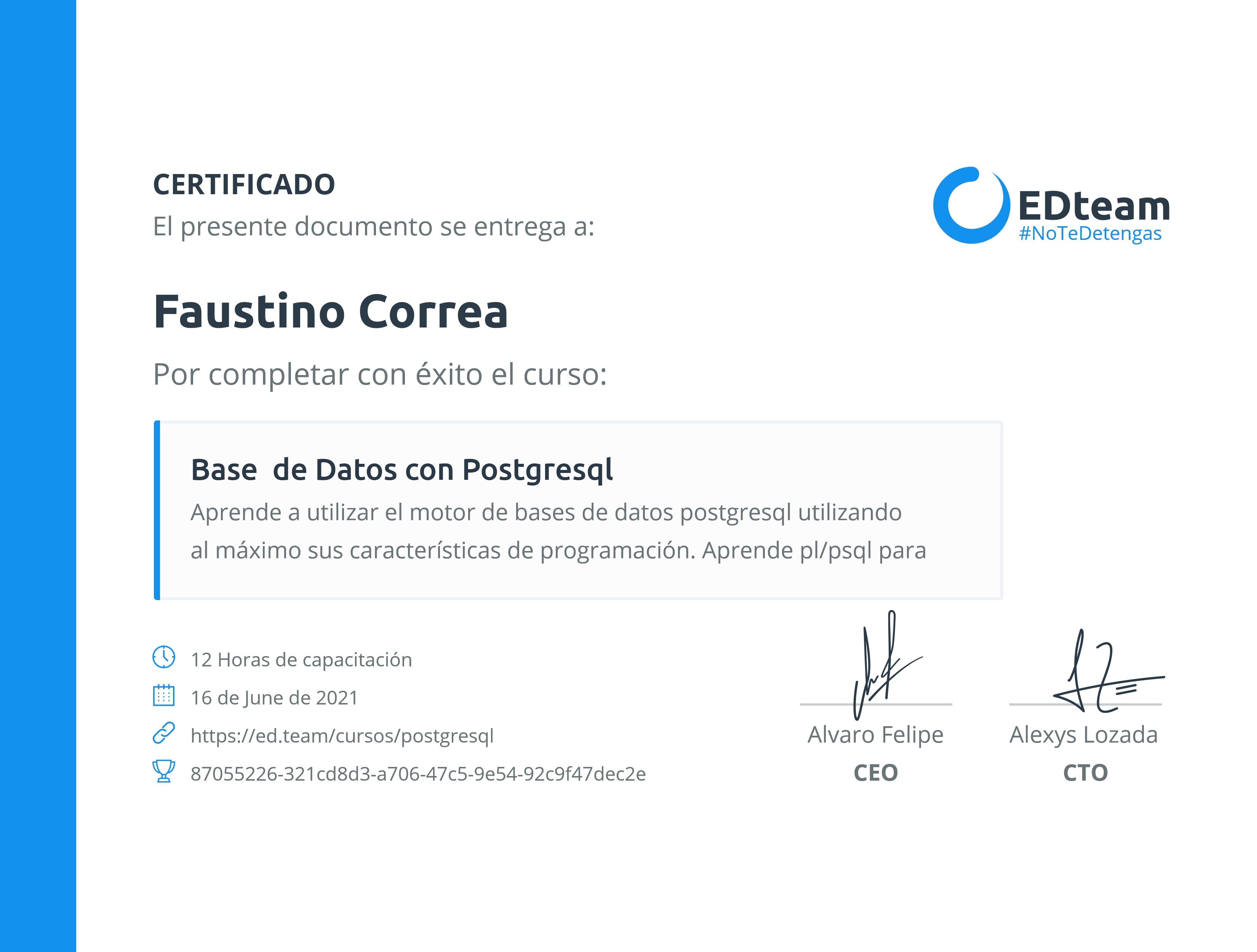 Certificado de Faustino Correa del curso Base de Datos con Postgresql