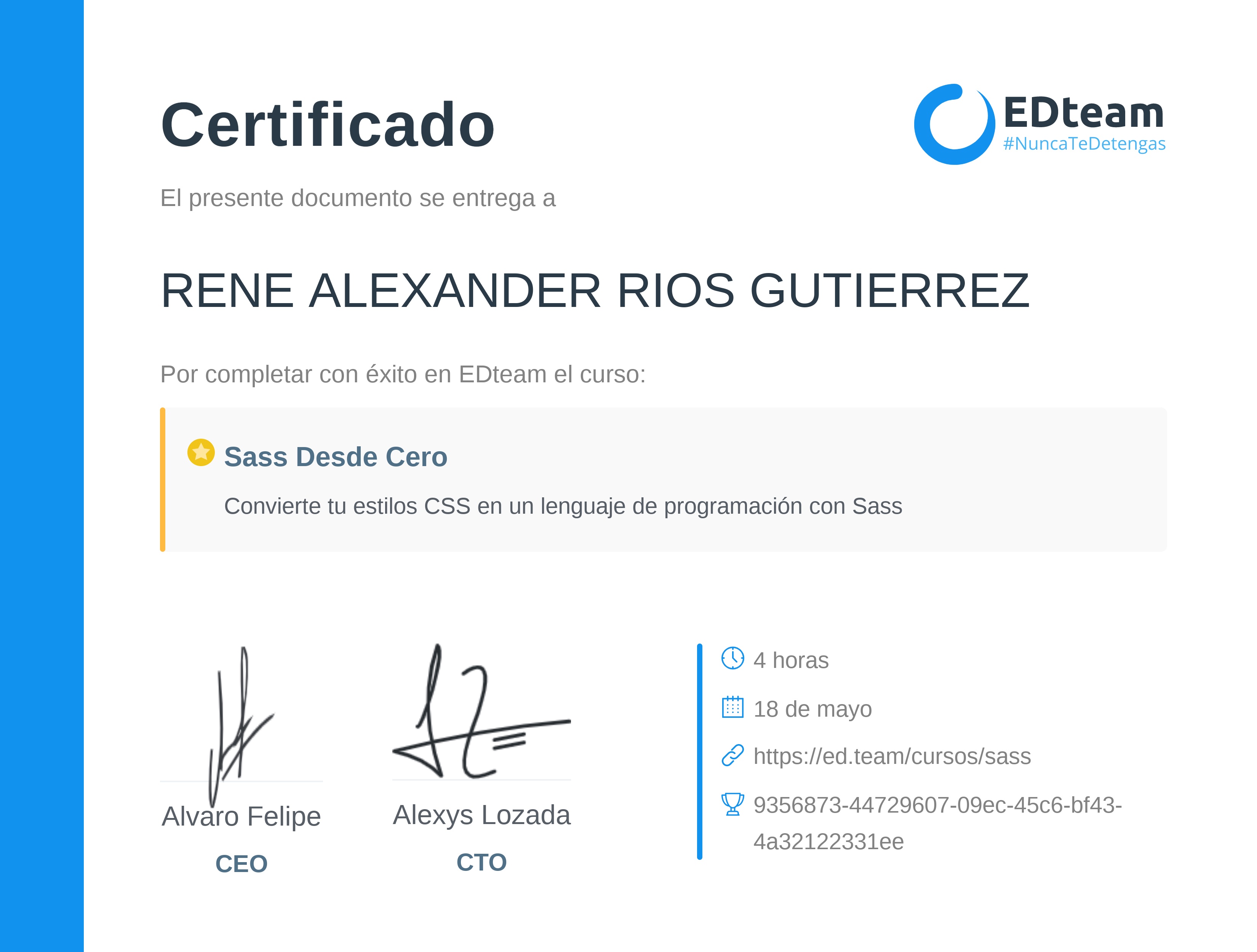 Certificado de RENE ALEXANDER RIOS GUTIERREZ del curso Sass desde cero