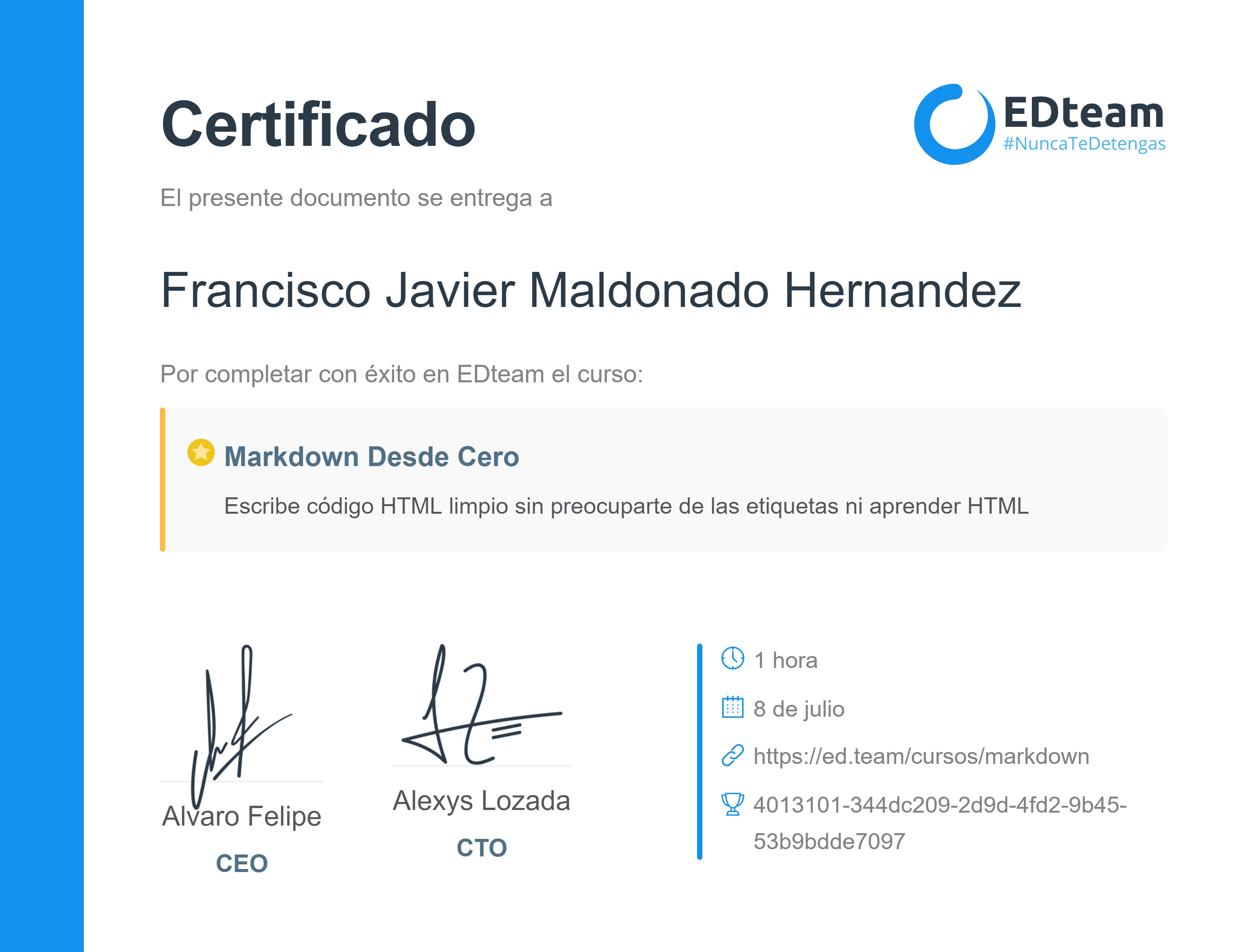 Certificado de Francisco Javier Maldonado Hernandez del curso Markdown desde cero (Gratis)