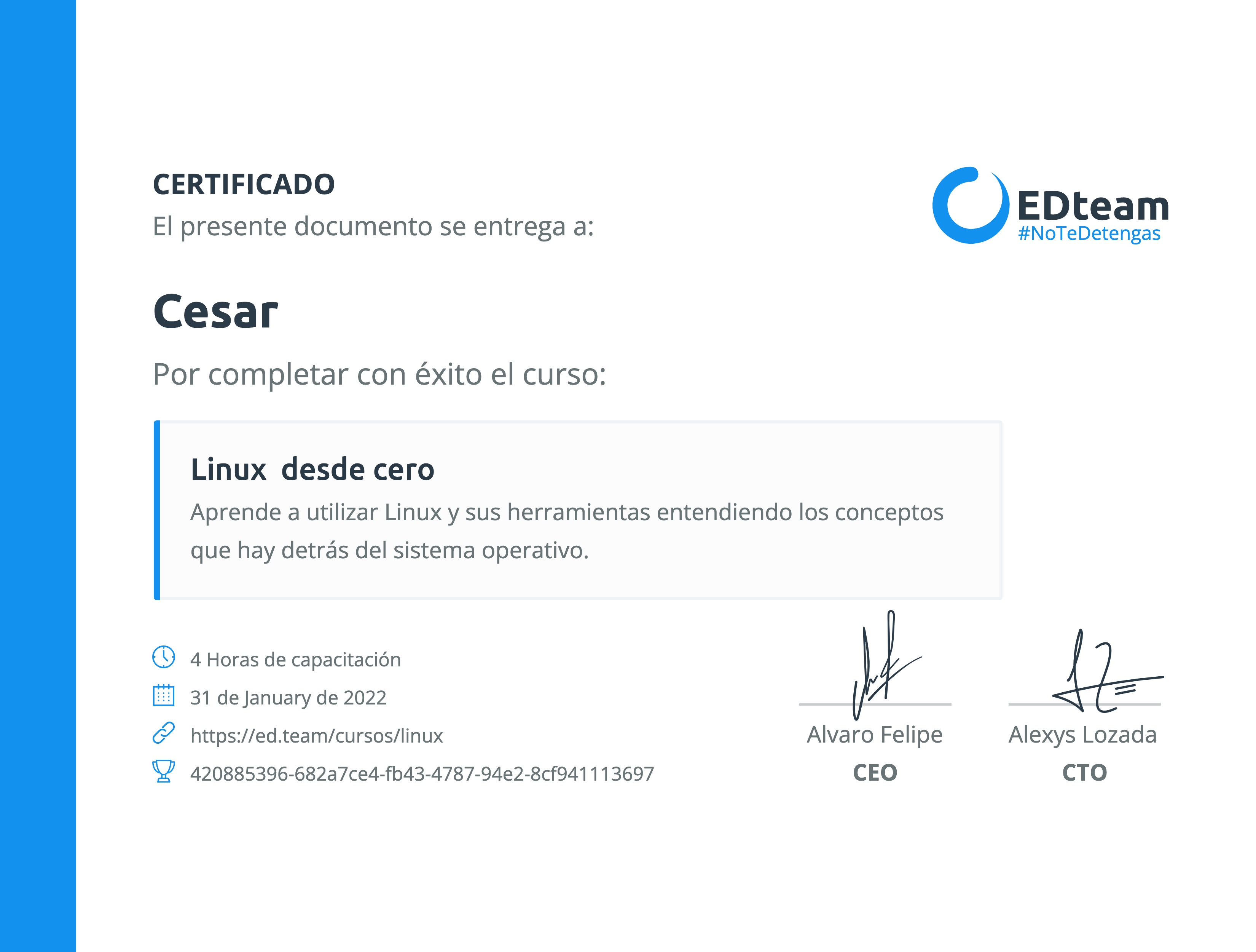 Certificado de Cesar Herrera del curso Linux desde cero