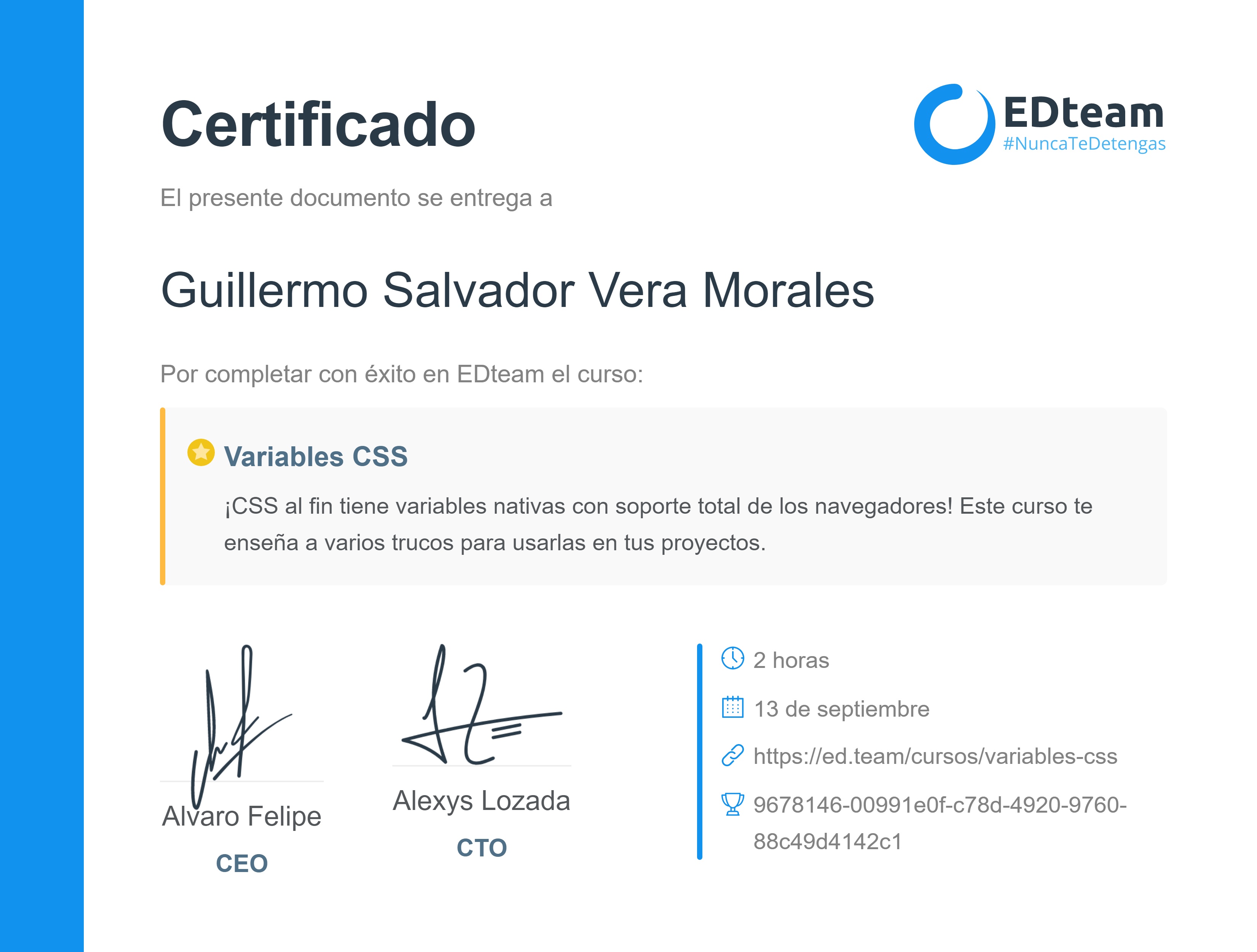 Certificado de Guillermo Salvador Vera Morales del curso Variables CSS