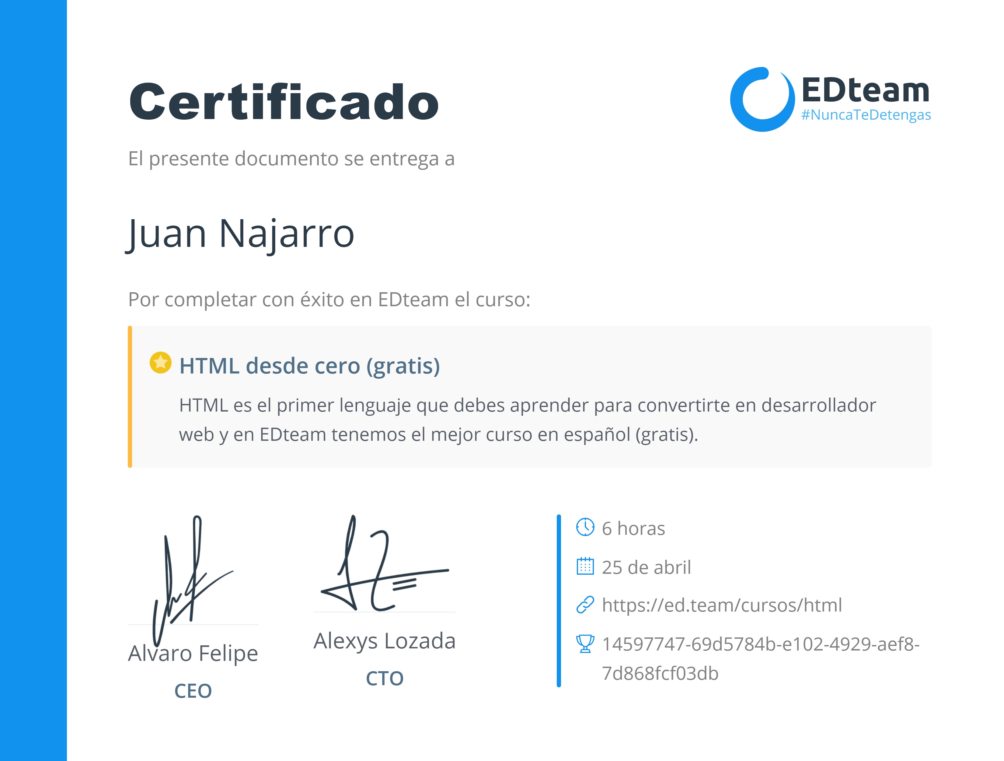 Certificado de Juan Najarro del curso HTML desde cero 2018 (gratis) (2018)