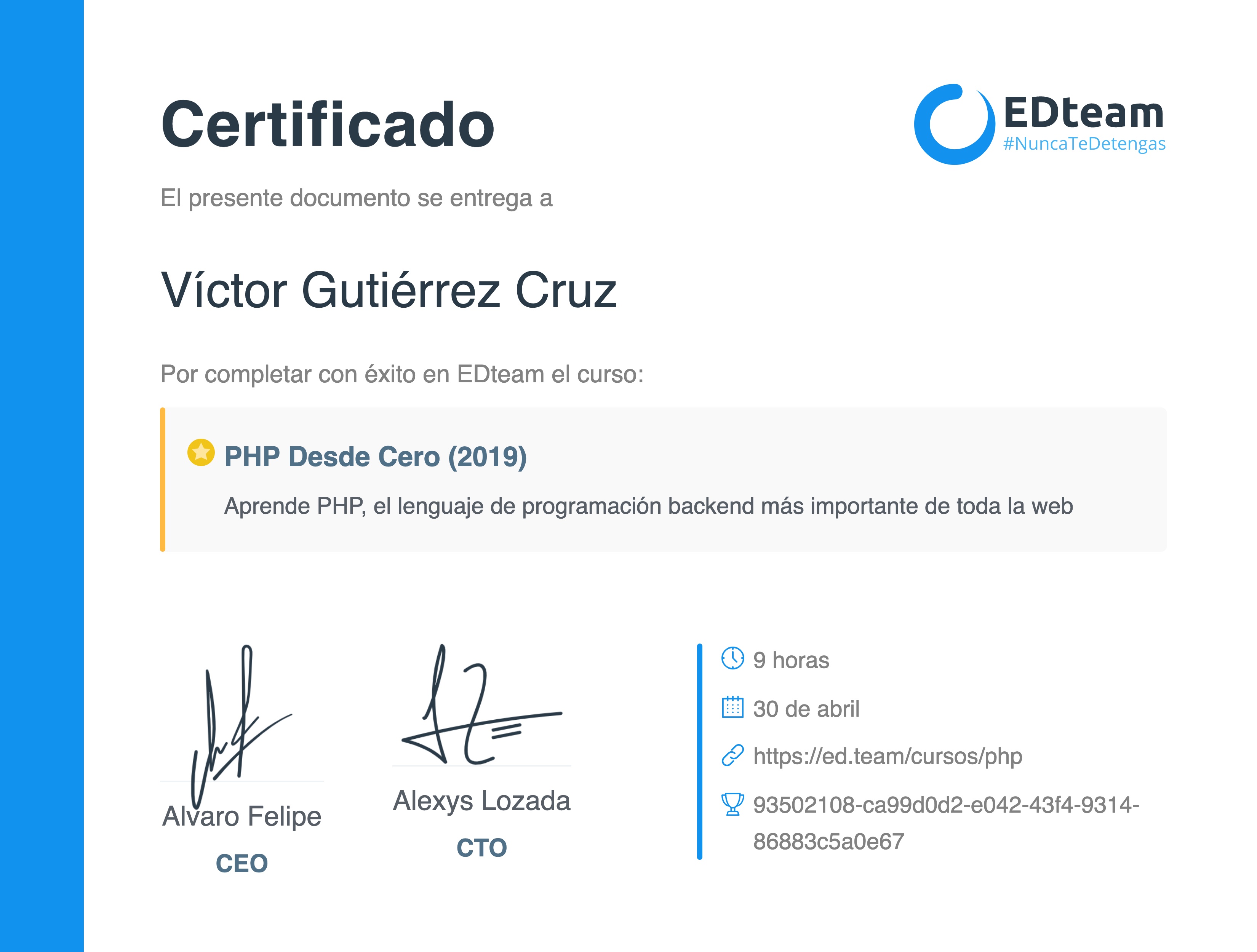Certificado de Víctor Gutiérrez del curso PHP Desde Cero
