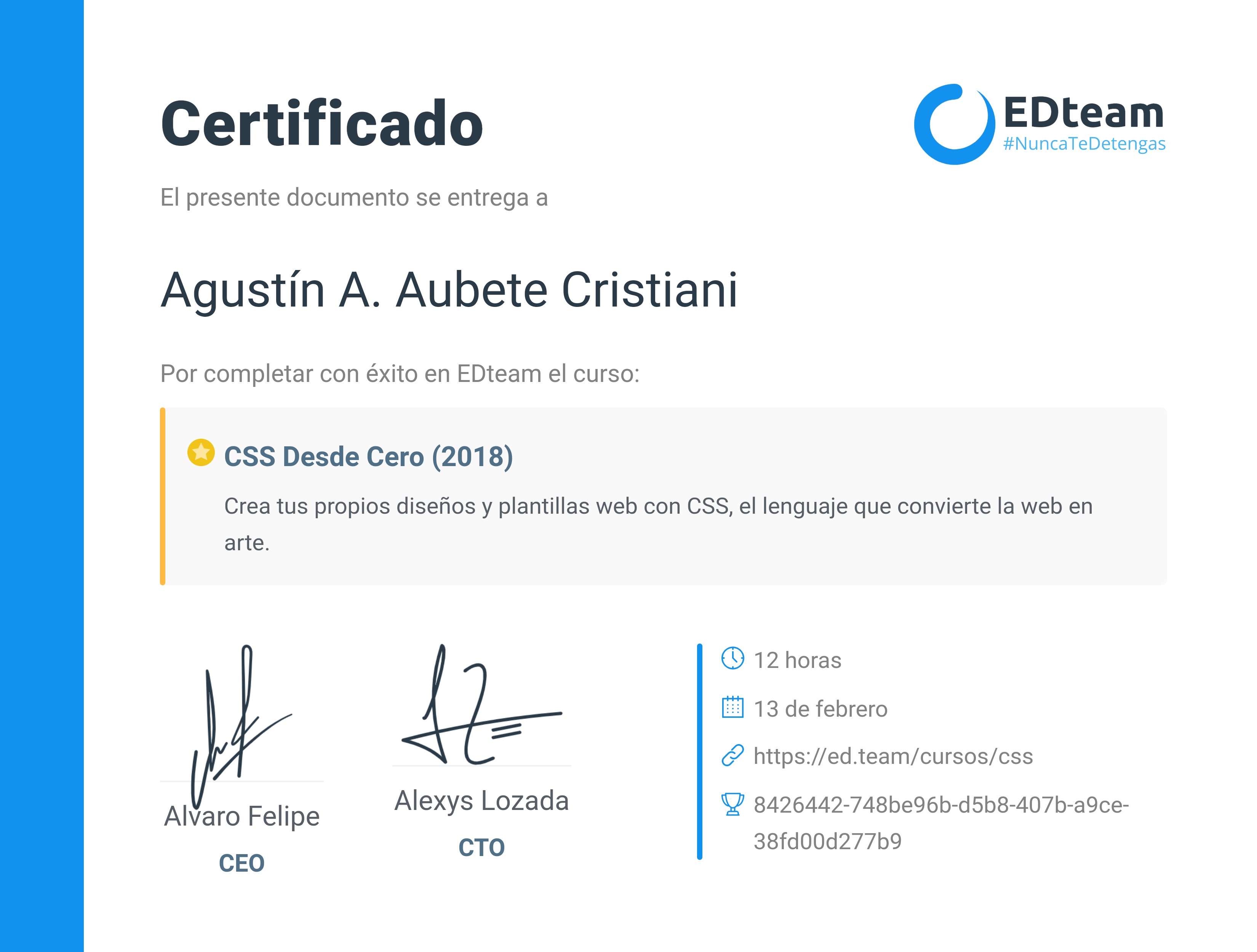 Certificado de Agustín A. Aubete Cristiani del curso CSS Desde Cero (2018)