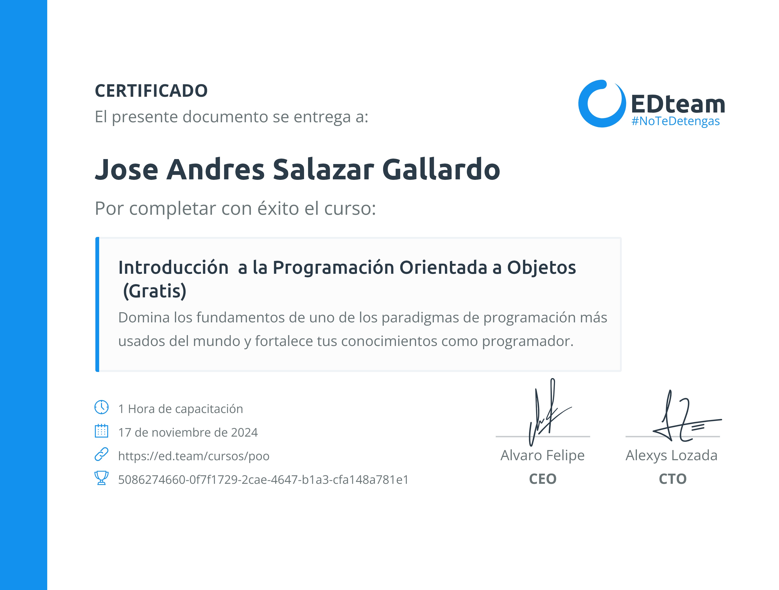 Certificado de Jose Andres Salazar Gallardo del curso Introducción a la Programación Orientada a Objetos (Gratis)