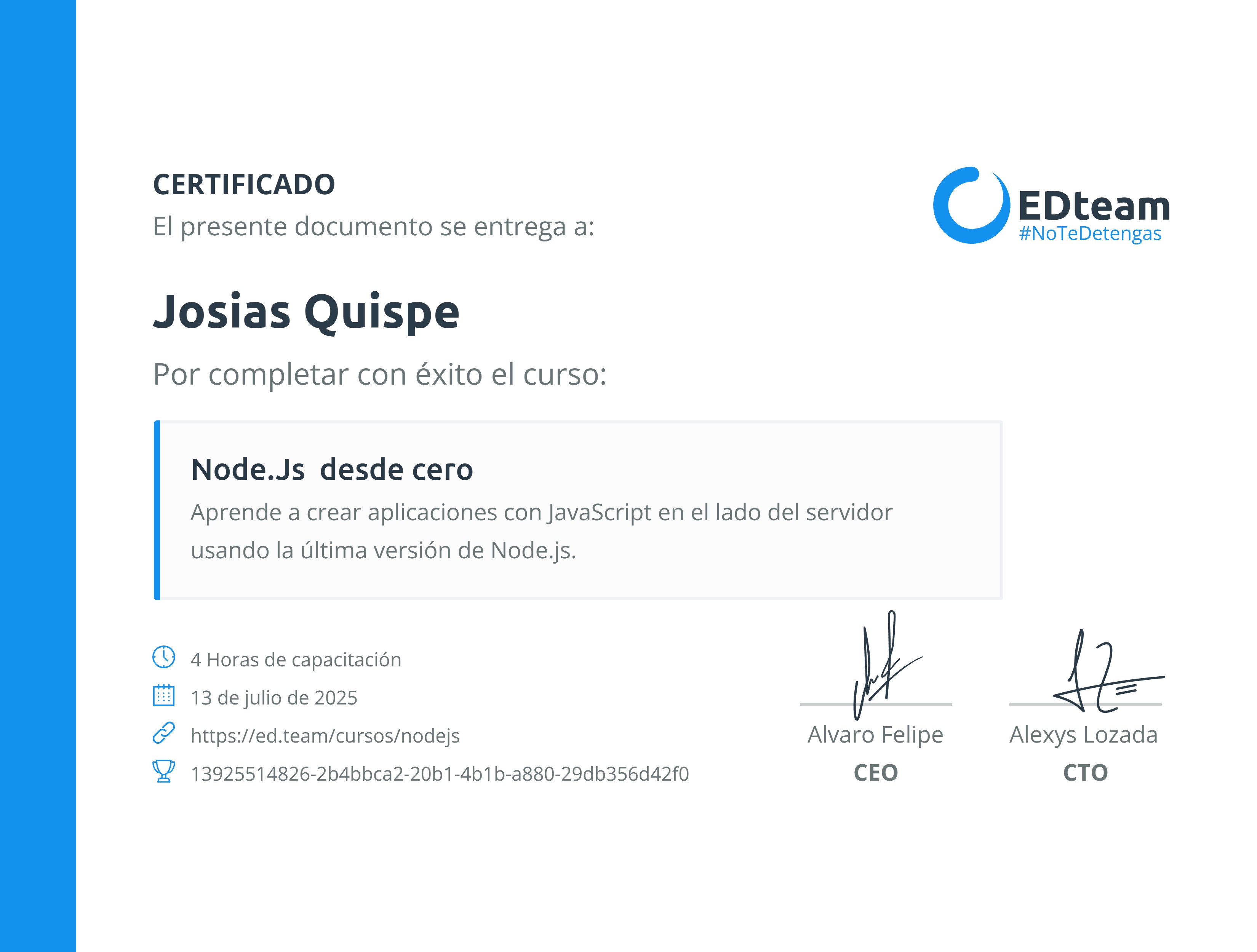 Certificado de Josias Quispe del curso Node.Js desde cero