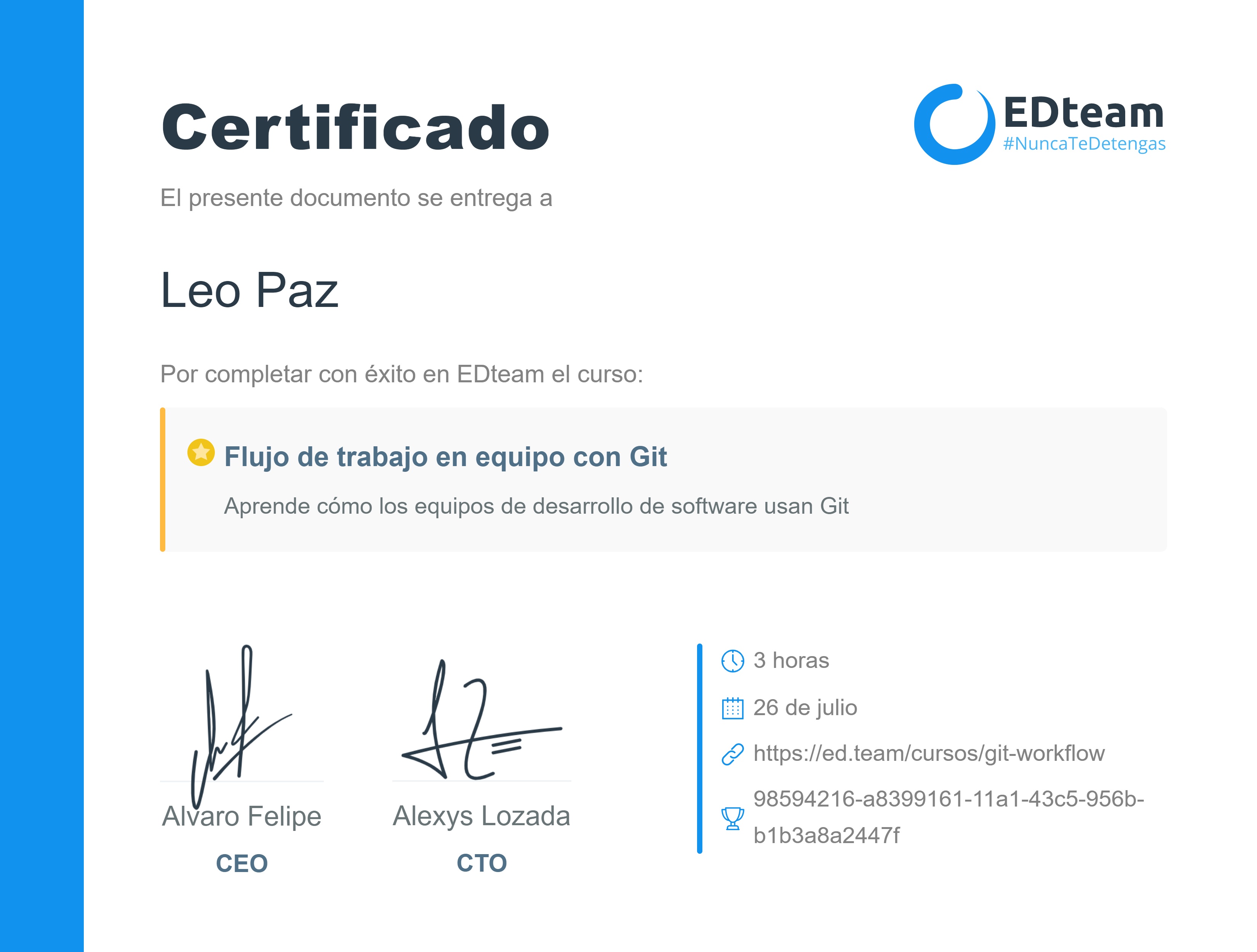 Certificado de Leo Paz del curso Diseña tu propio flujo de trabajo en equipo con Git