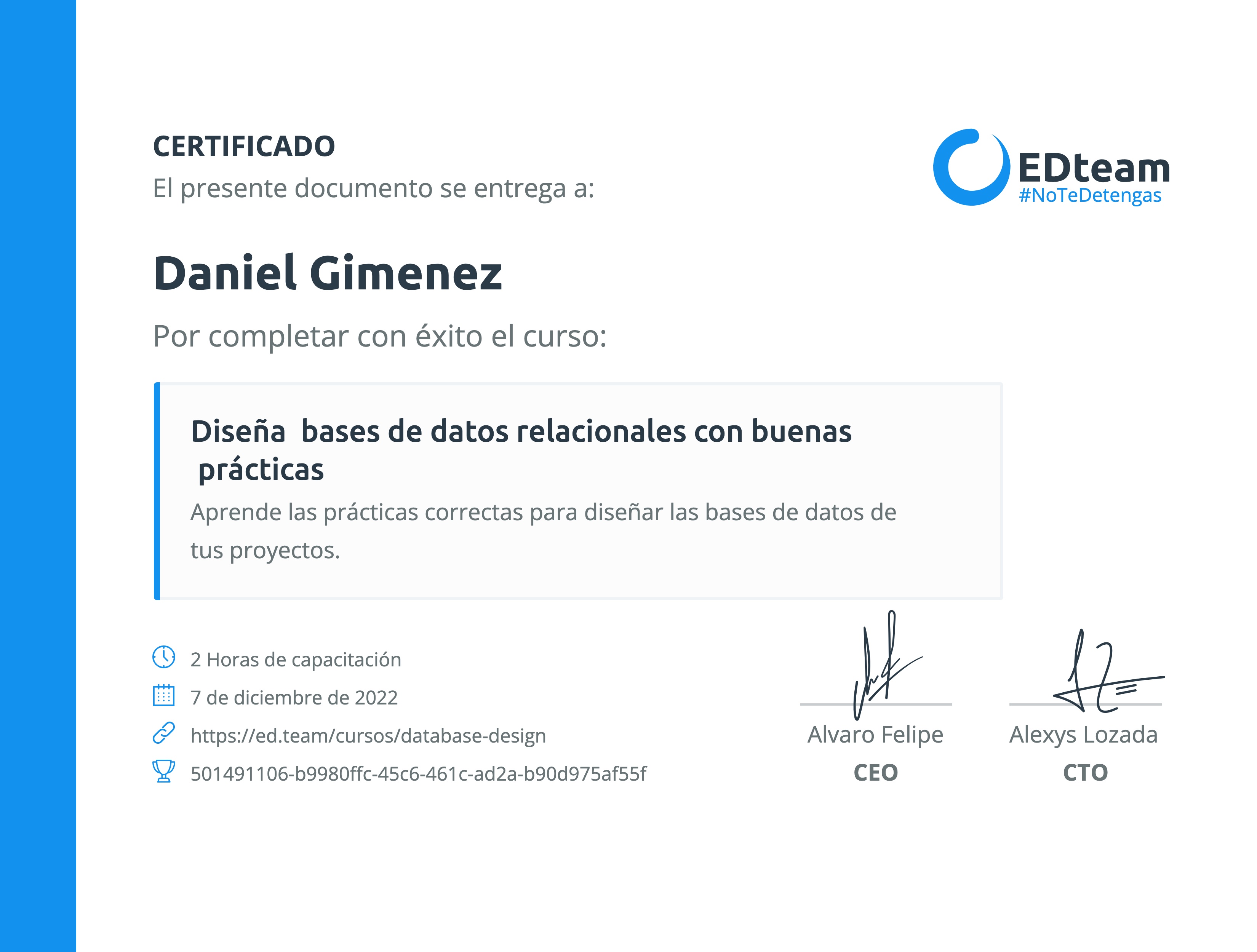 Certificado de Daniel Gimenez del curso Diseña bases de datos relacionales con buenas prácticas