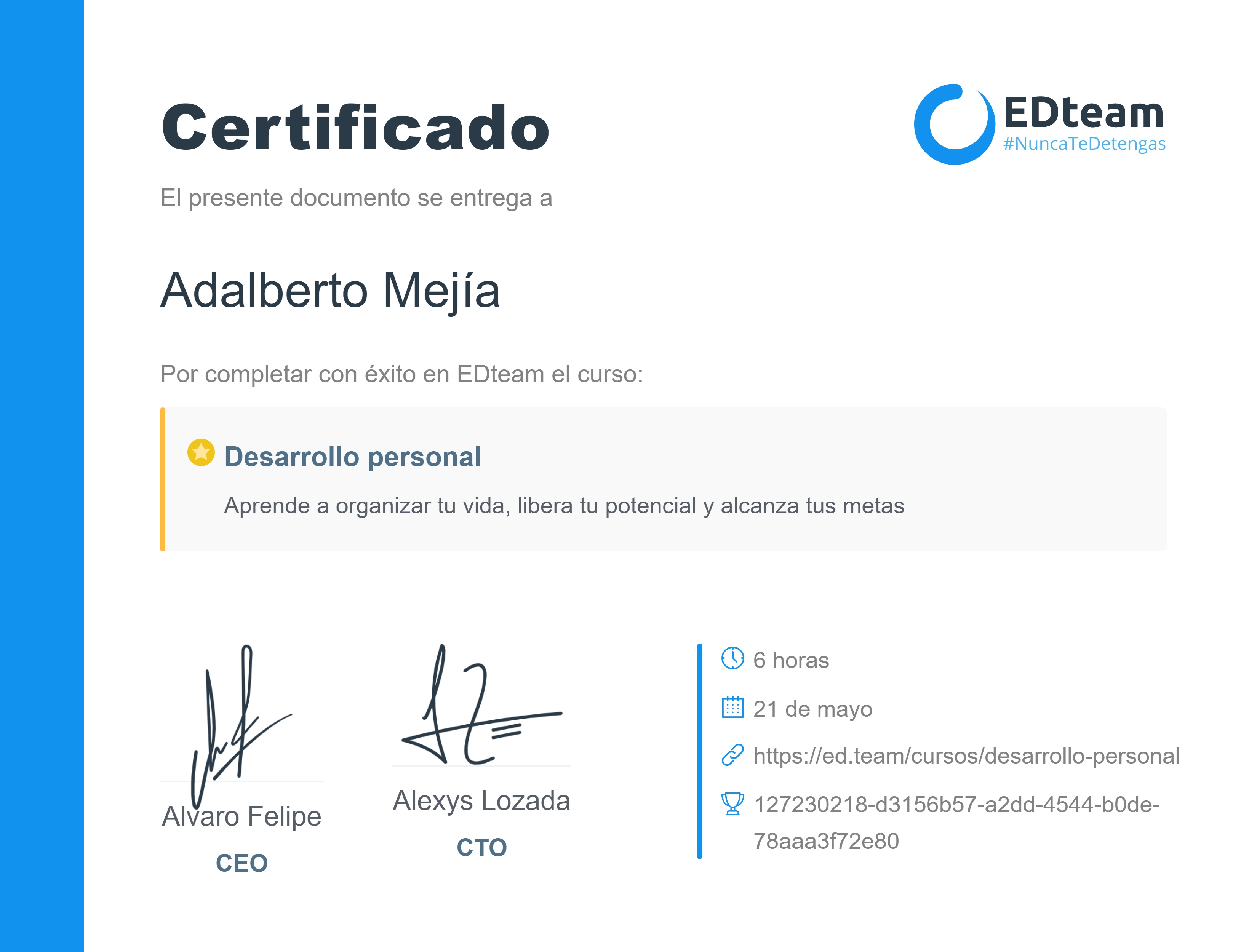 Certificado de Adalberto Mejía del curso Desarrollo personal