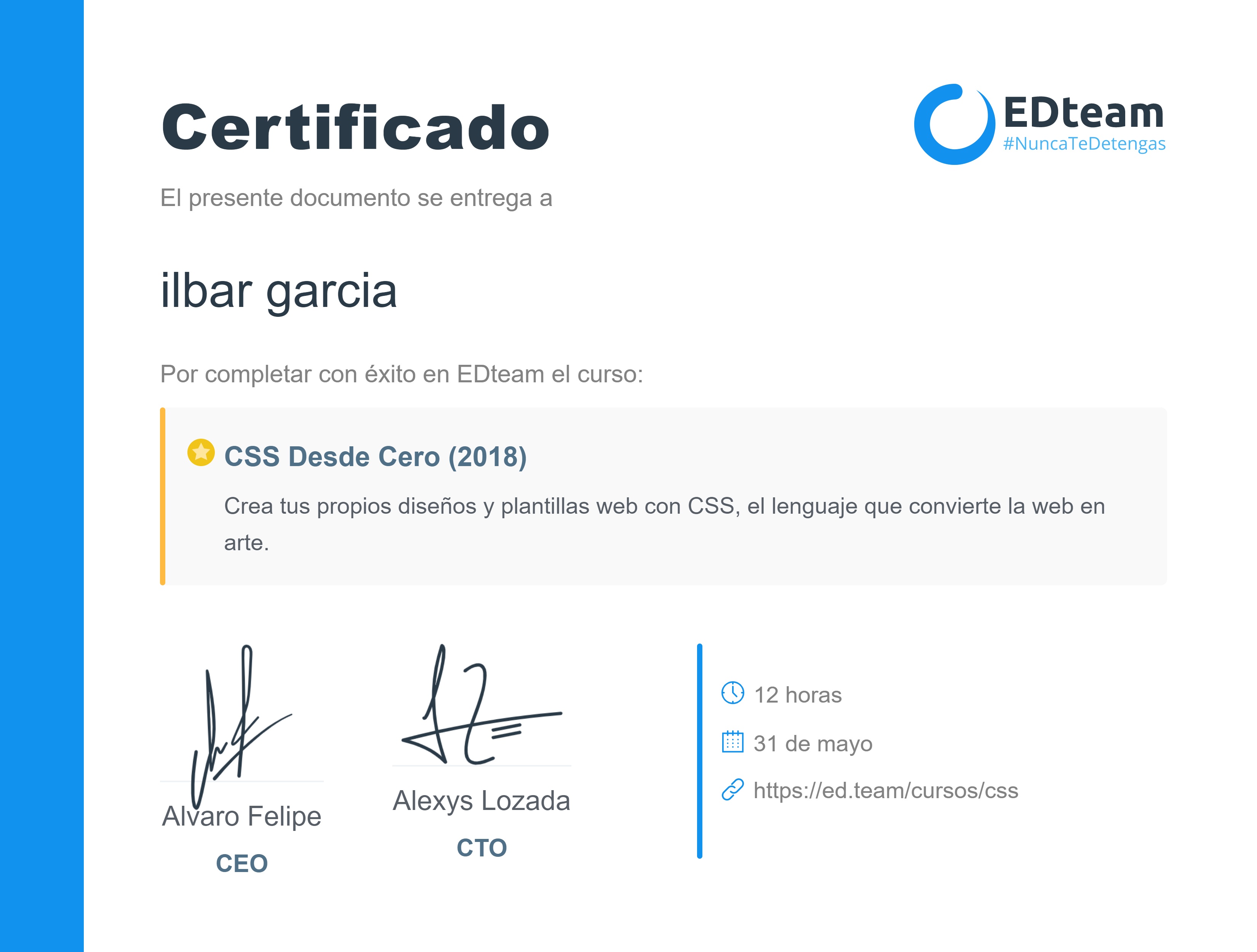 Certificado de ilbar garcia del curso CSS Desde Cero (2018)