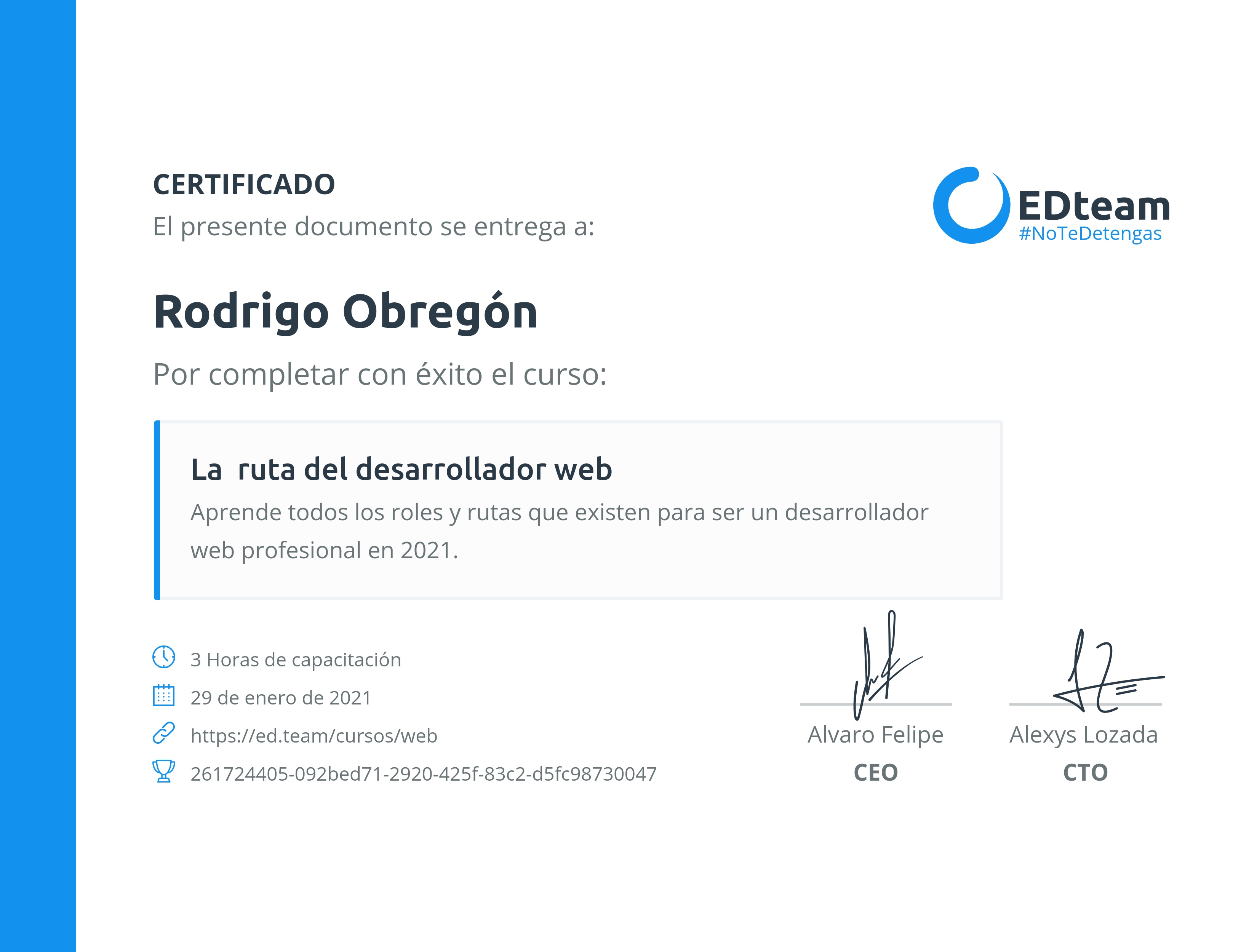 Certificado de Rodrigo Obregón del curso La ruta del desarrollador web (Gratis)