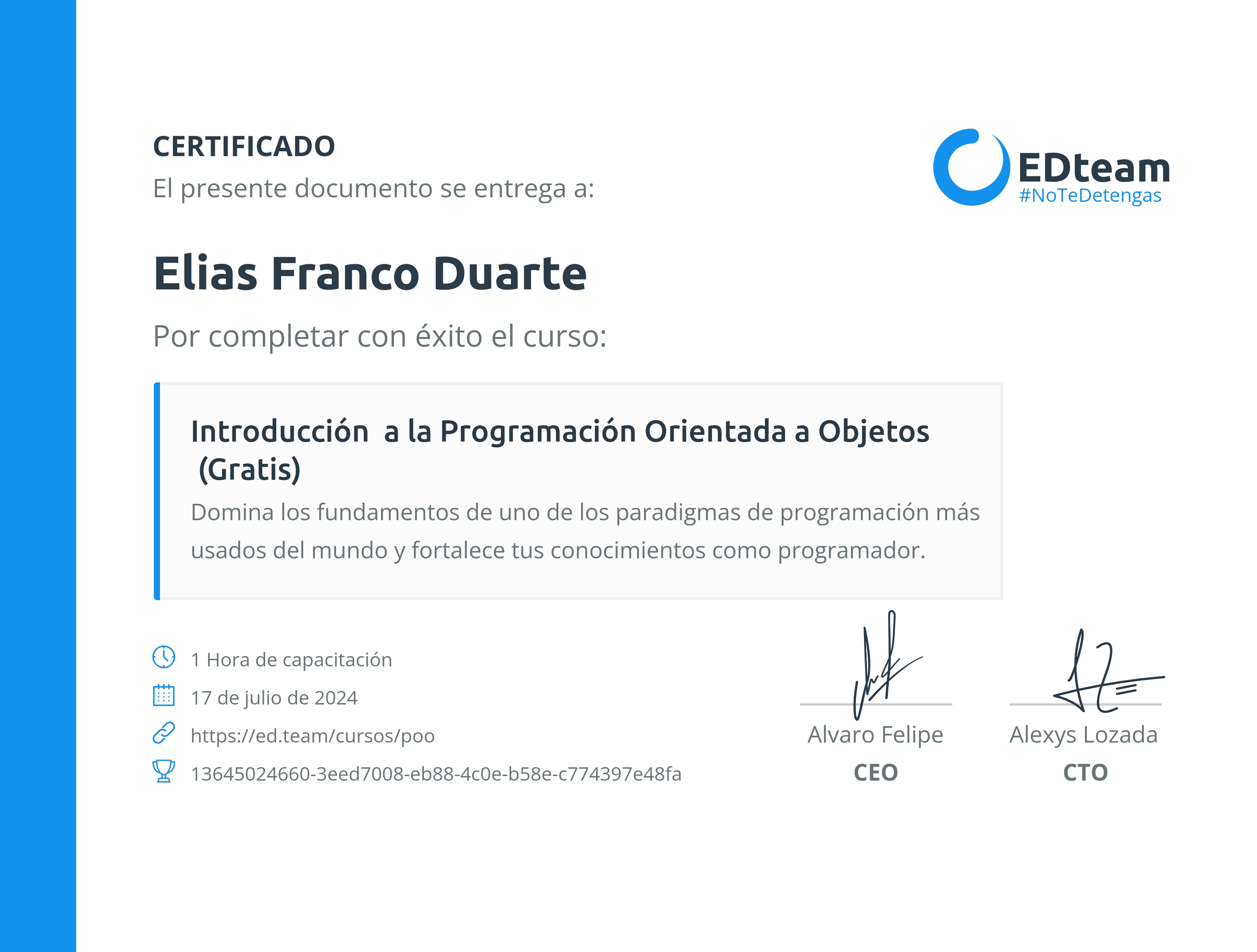 Certificado de Elias Franco Duarte del curso Introducción a la Programación Orientada a Objetos (Gratis)