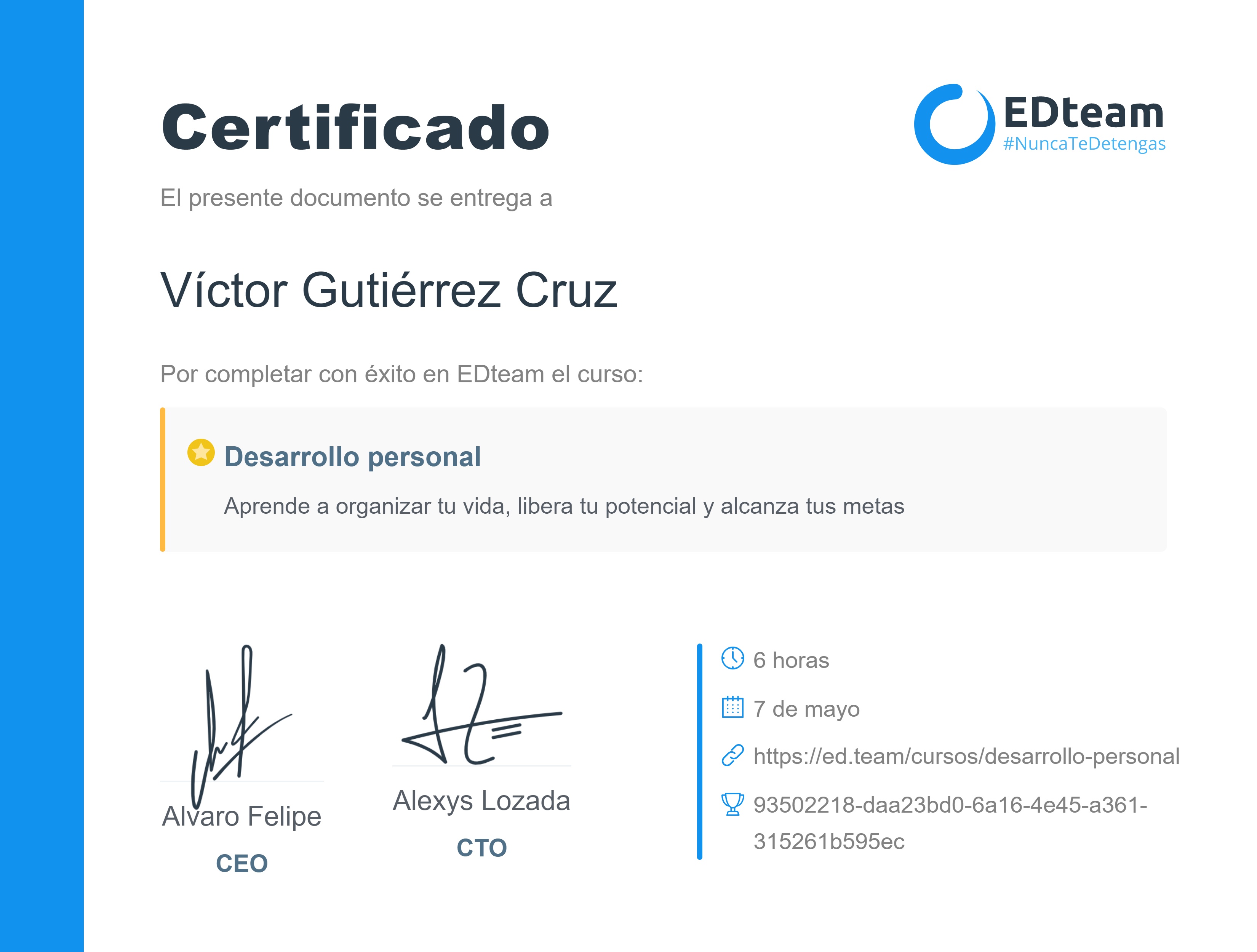 Certificado de Víctor Gutiérrez del curso Desarrollo personal