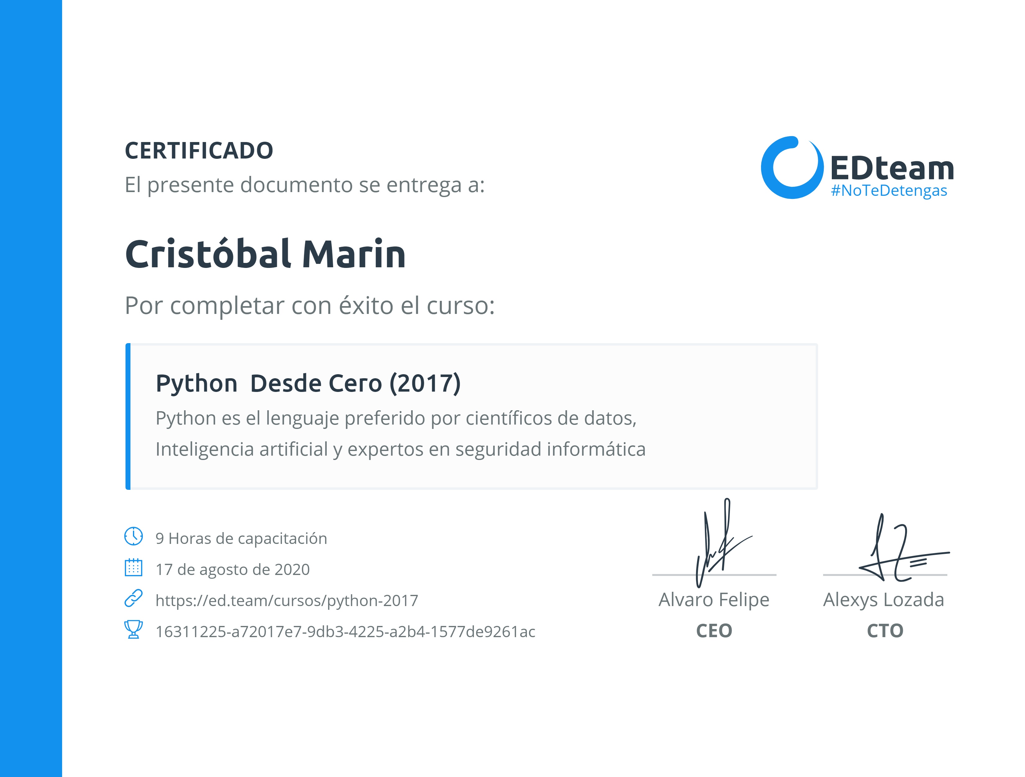 Certificado de Cristóbal Marin del curso Python Desde Cero (2017)