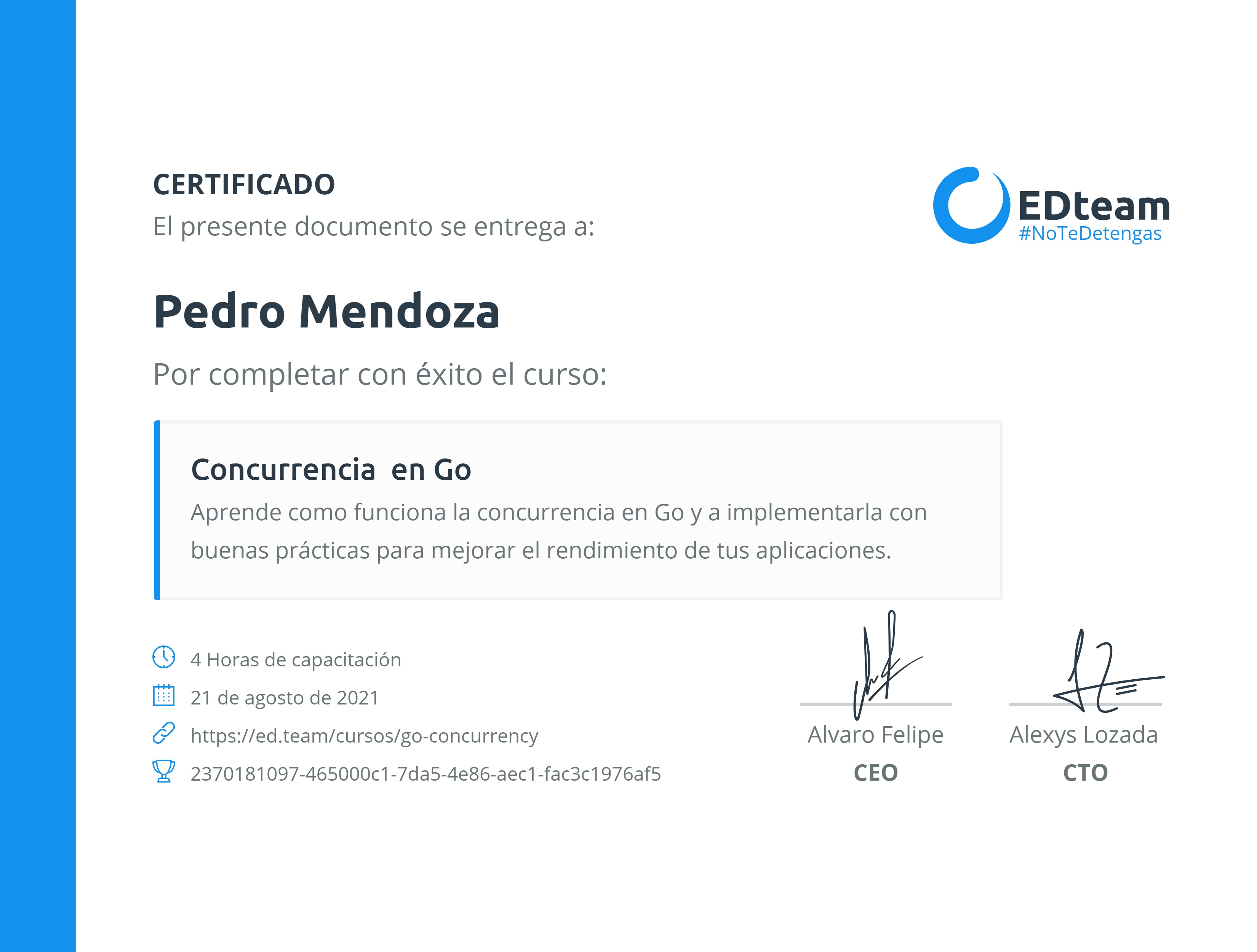 Certificado de Pedro Mendoza del curso Concurrencia en Go