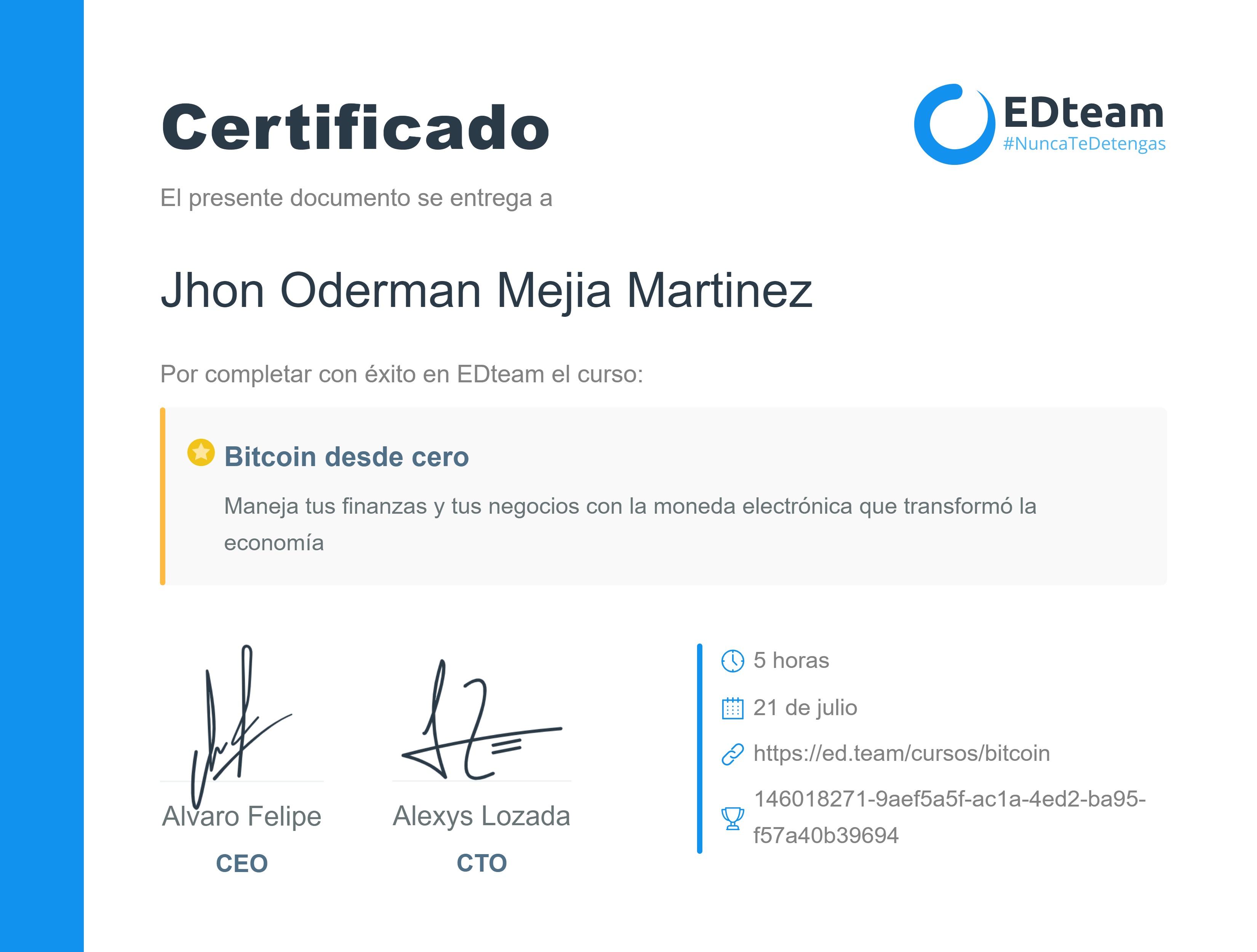 Certificado de Jhon Oderman Mejia Martinez del curso Bitcoin desde cero