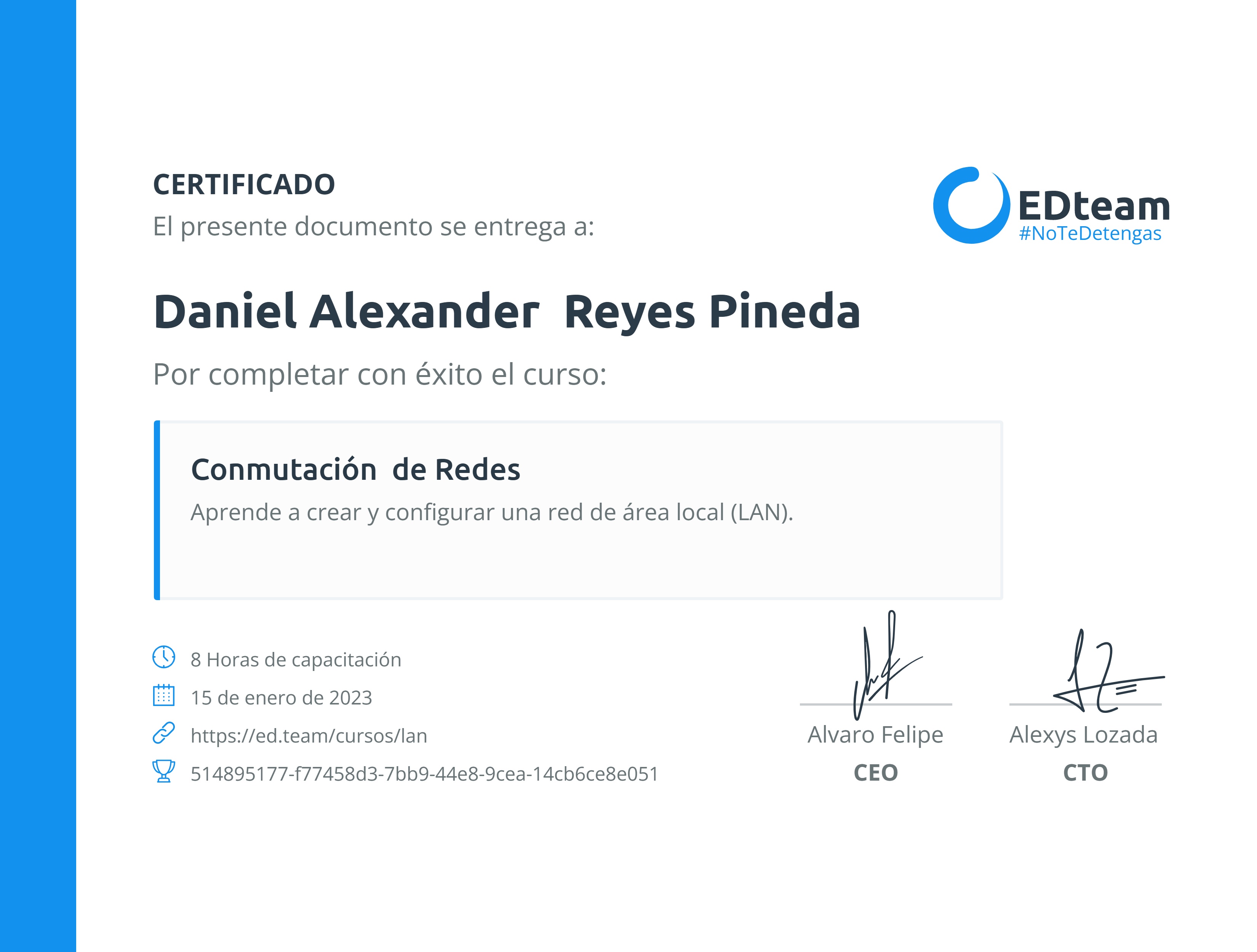 Certificado de UDB-Daniel Alexander Reyes Pineda-SV del curso Conmutación de Redes