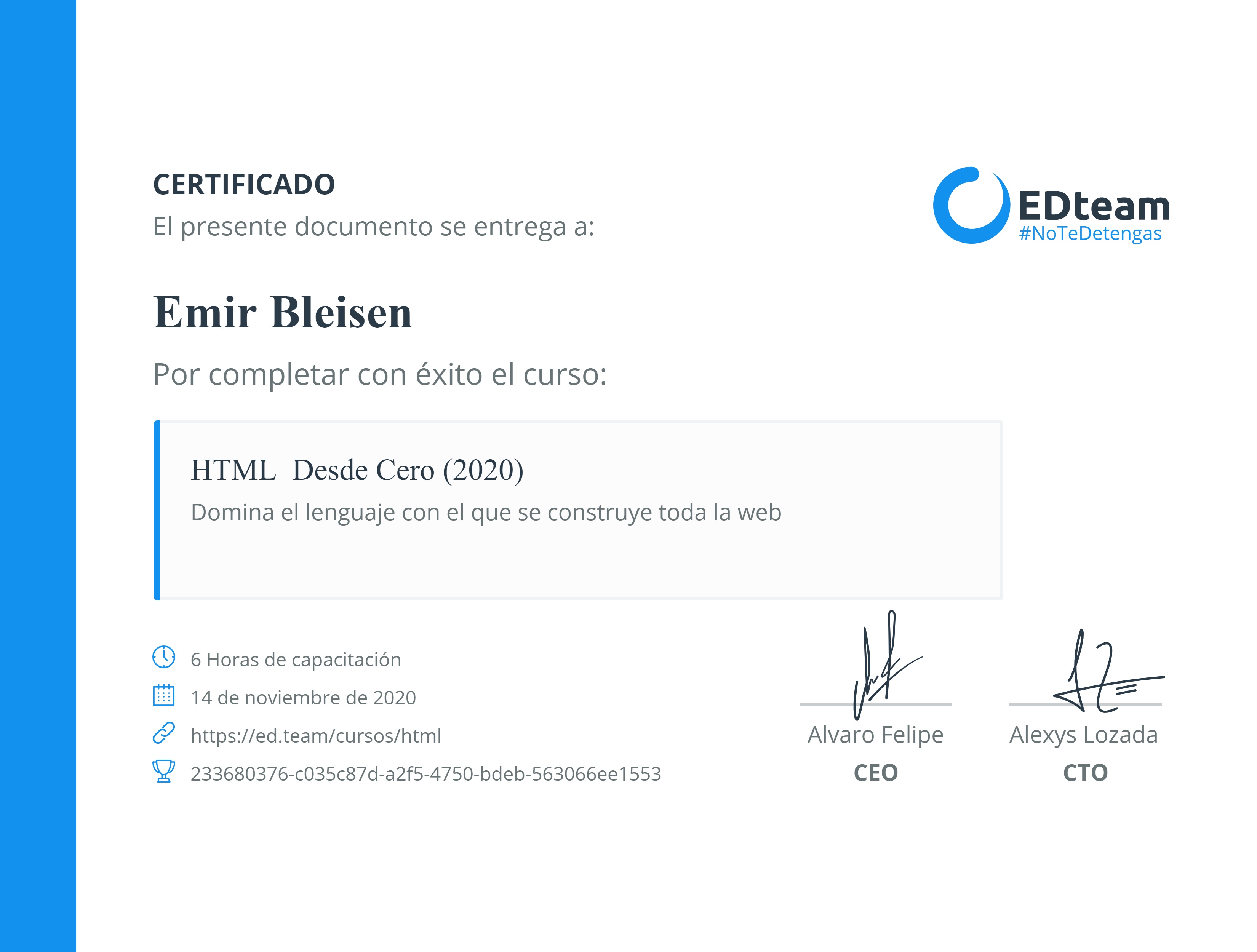 Certificado de Emir Bleisen del curso HTML desde cero