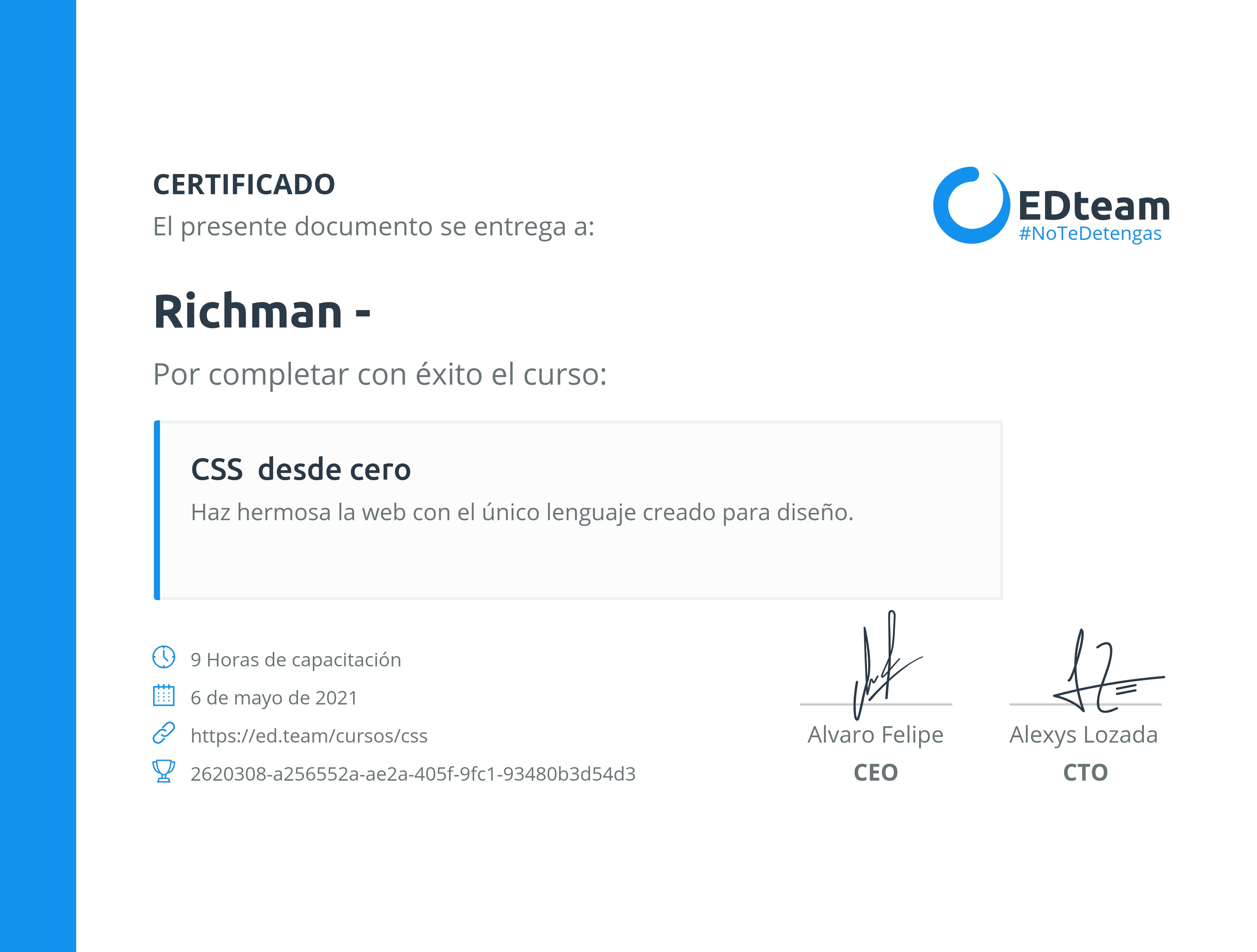 Certificado de Richman Pariona Torres del curso CSS desde cero (2020)