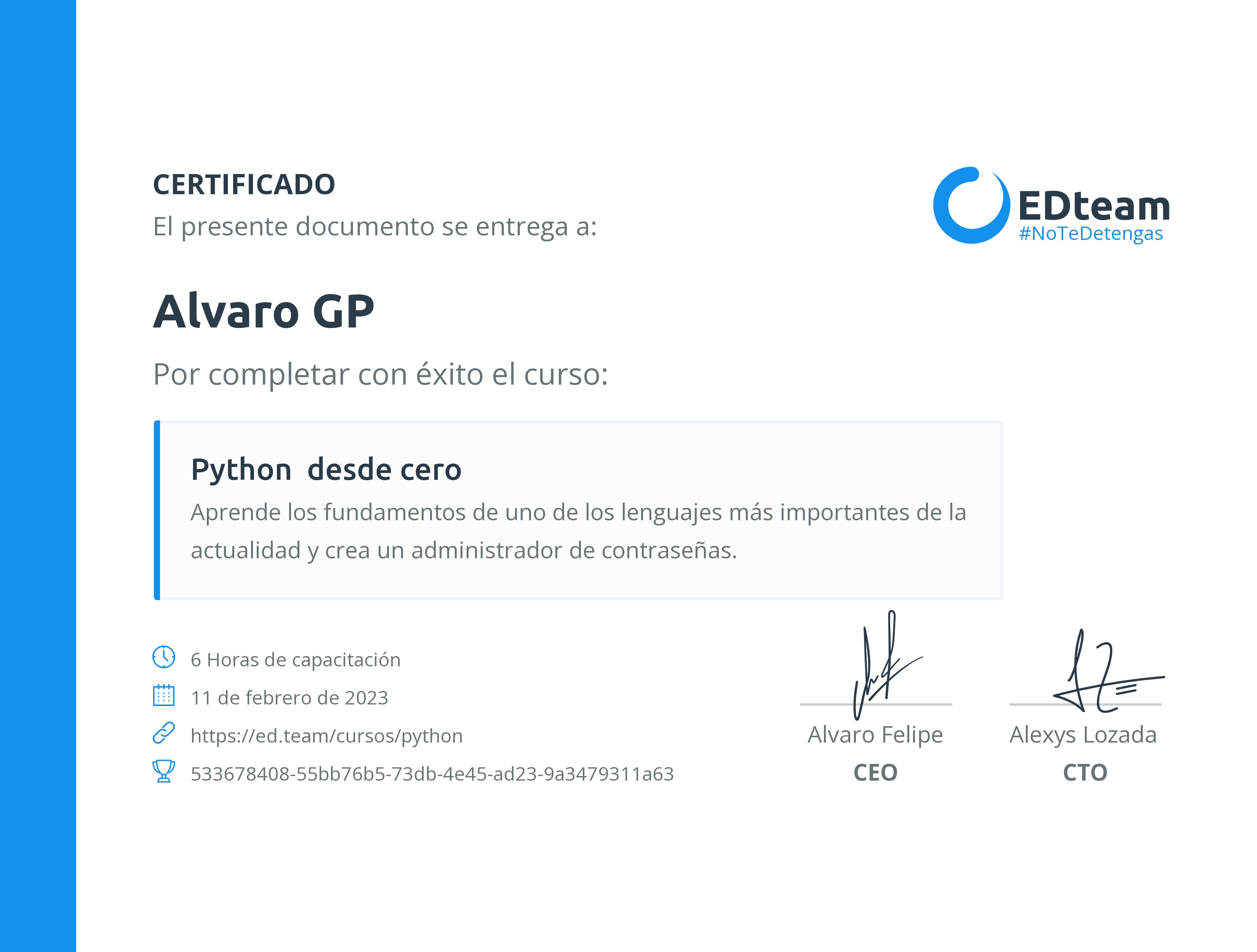 Certificado de Alvaro GP del curso Python desde cero (2020)