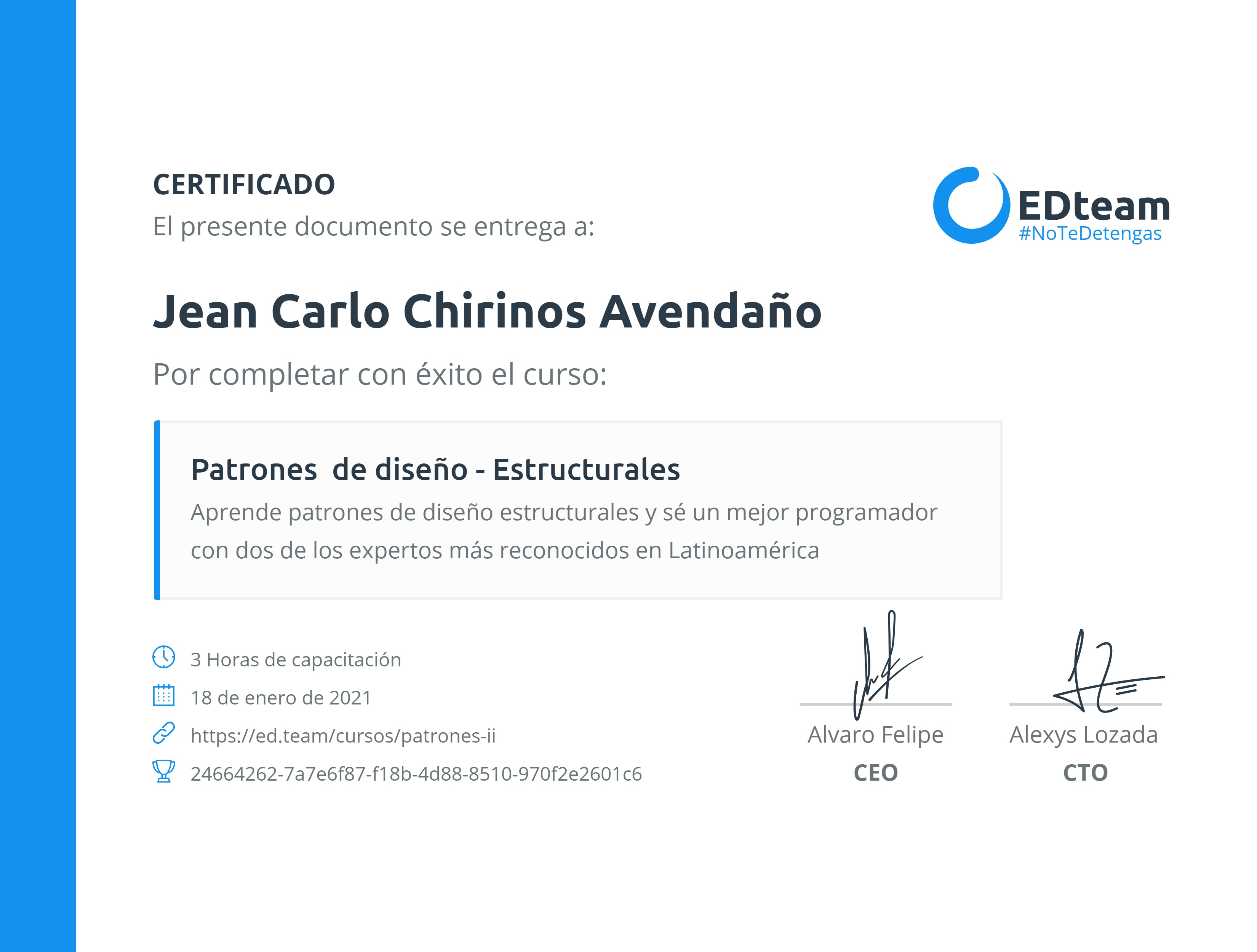 Certificado de Jean Chirinos del curso Patrones de diseño - Estructurales