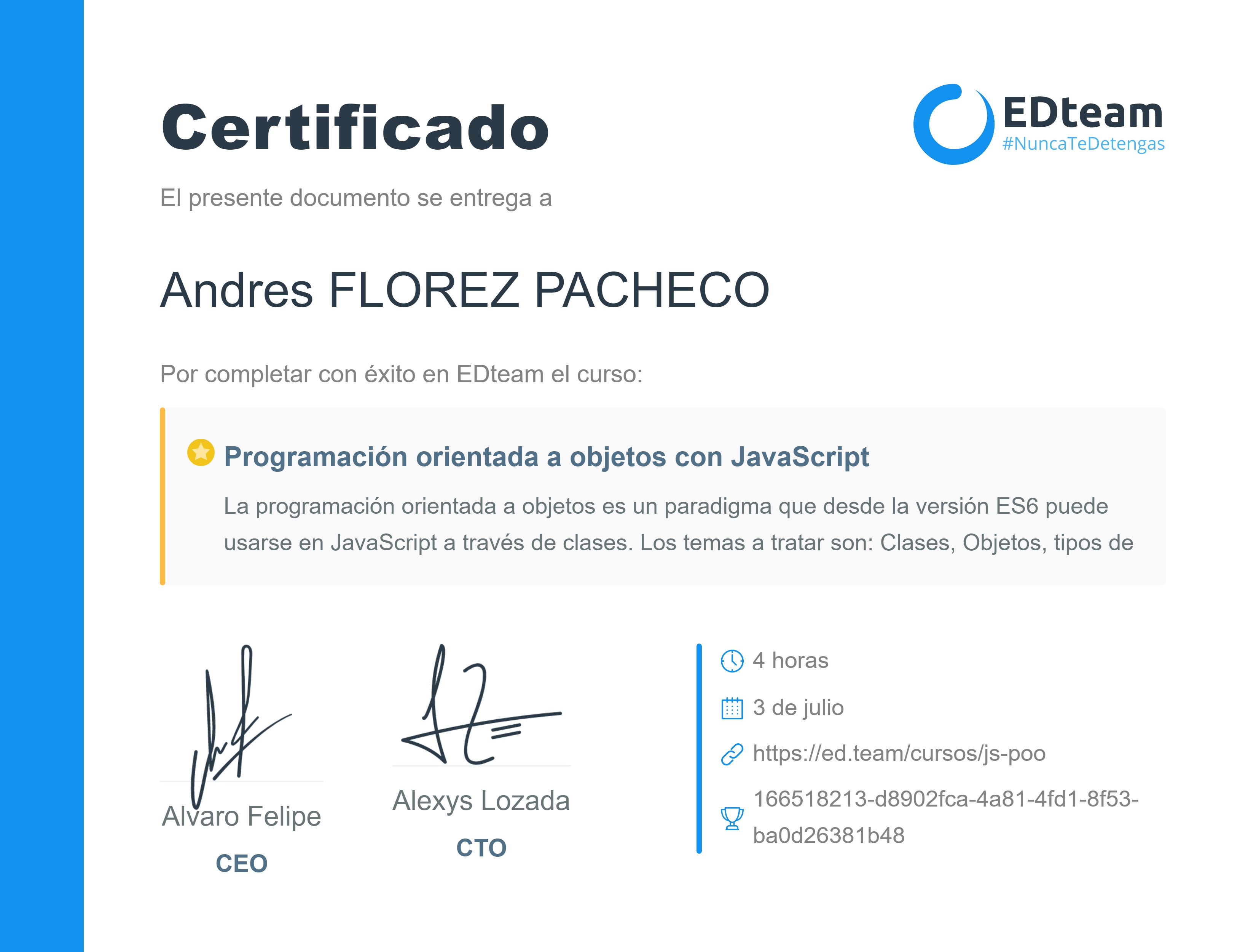 Certificado de Andres FLOREZ PACHECO del curso Programación orientada a objetos con JavaScript