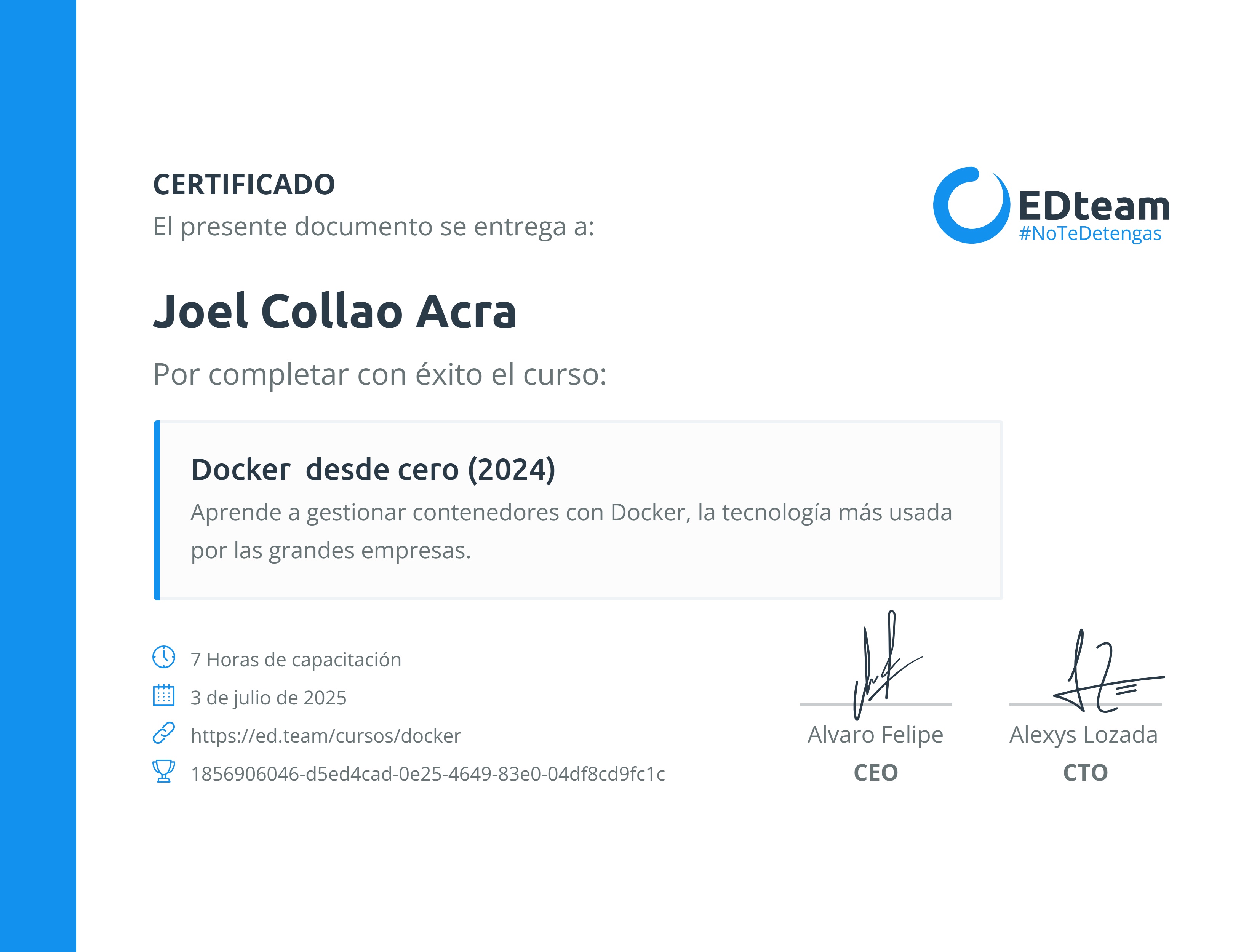 Certificado de Joel Collao Acra del curso Docker desde cero (2024)