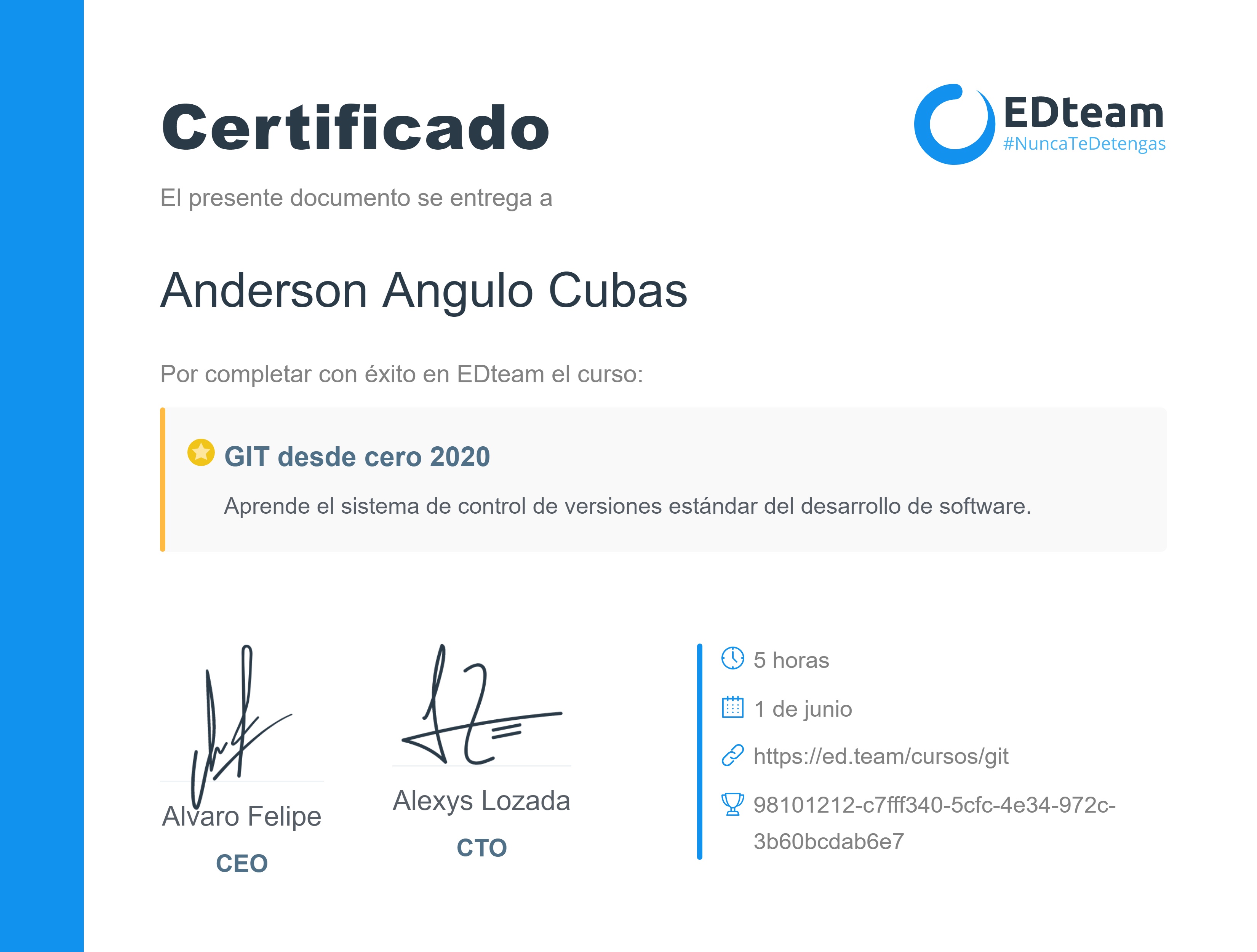Certificado de Piero Angulo Cubas del curso GIT desde cero