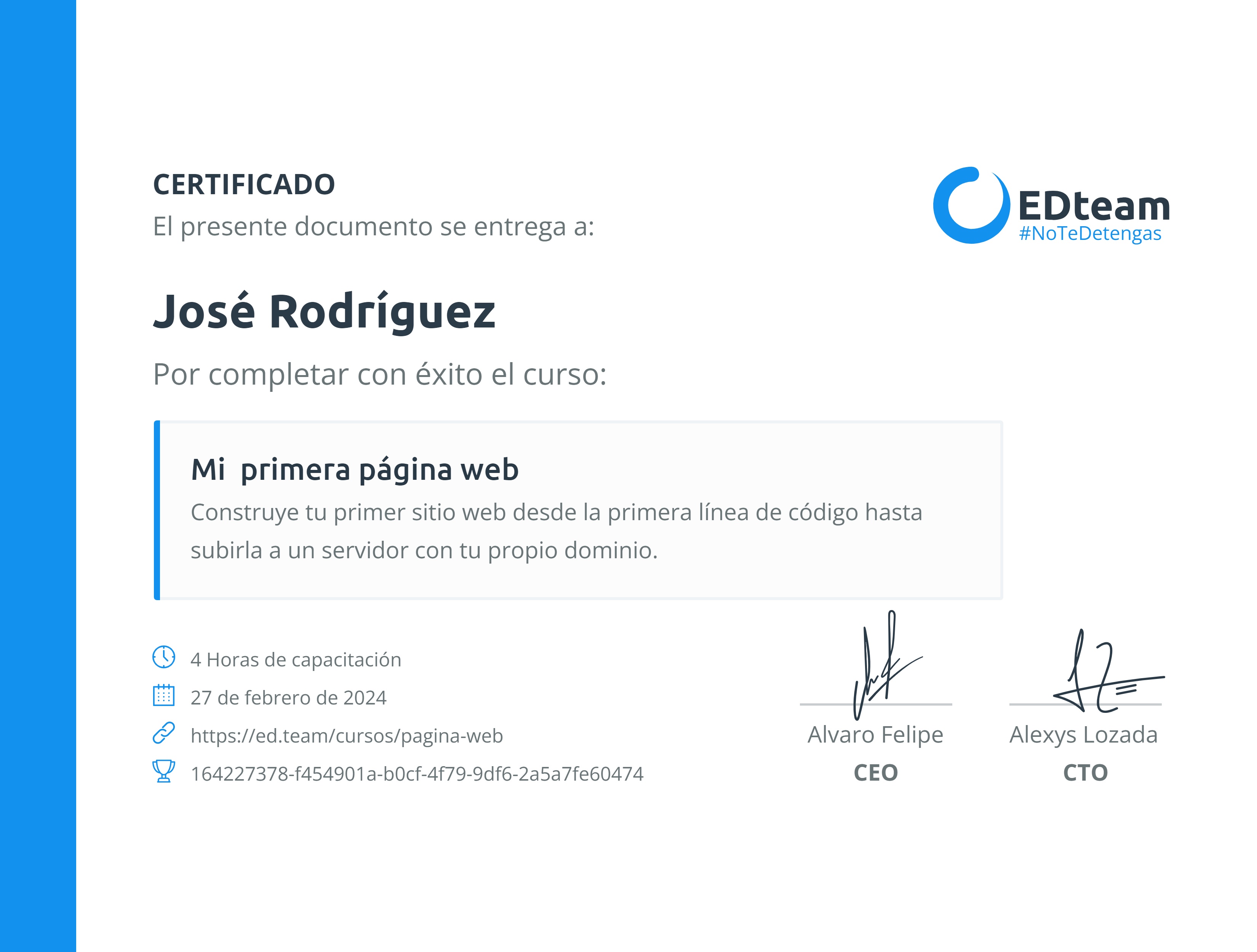 Certificado de José Rodríguez del curso Mi primera página web