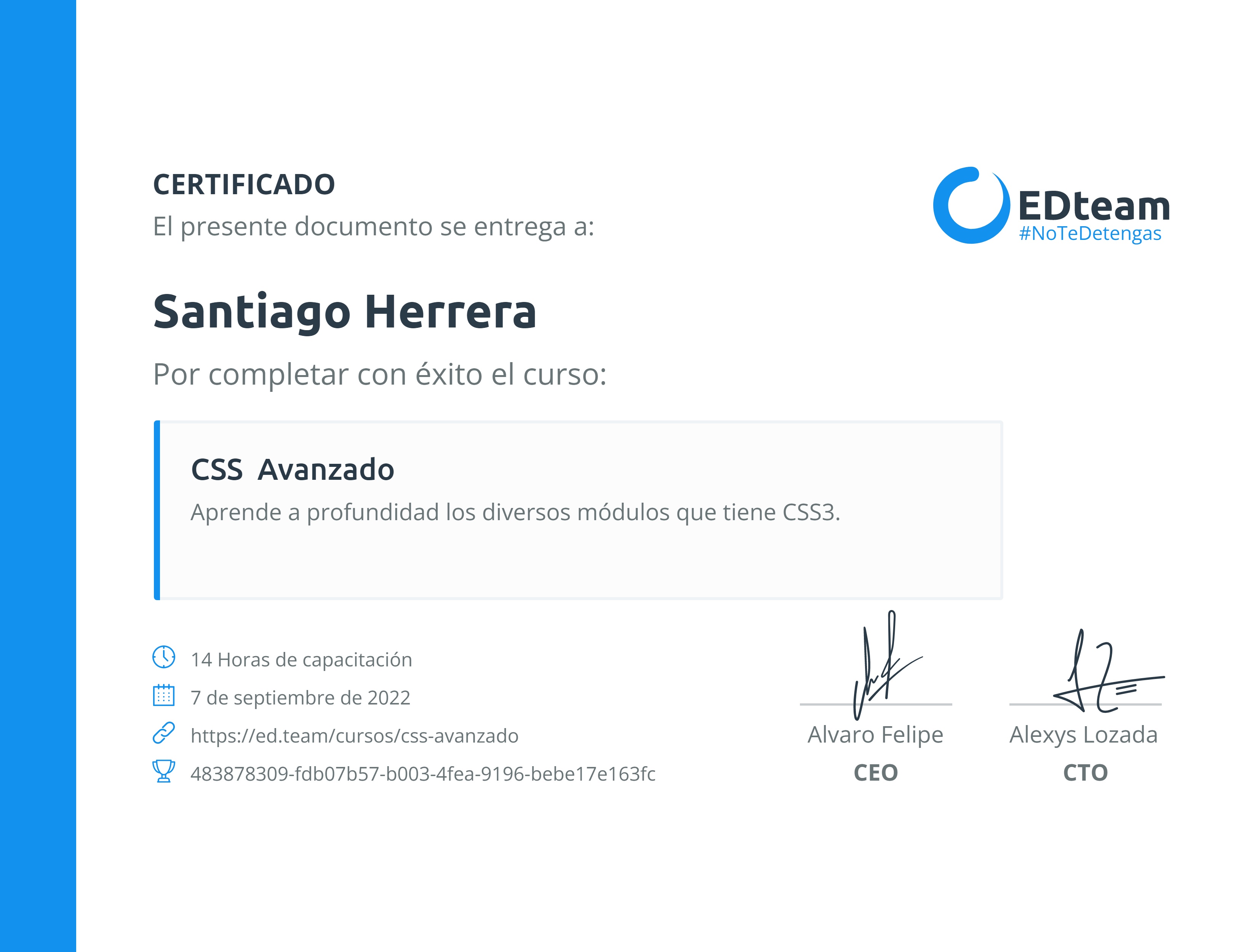 Certificado de Santiago Herrera del curso CSS Avanzado | EDteam