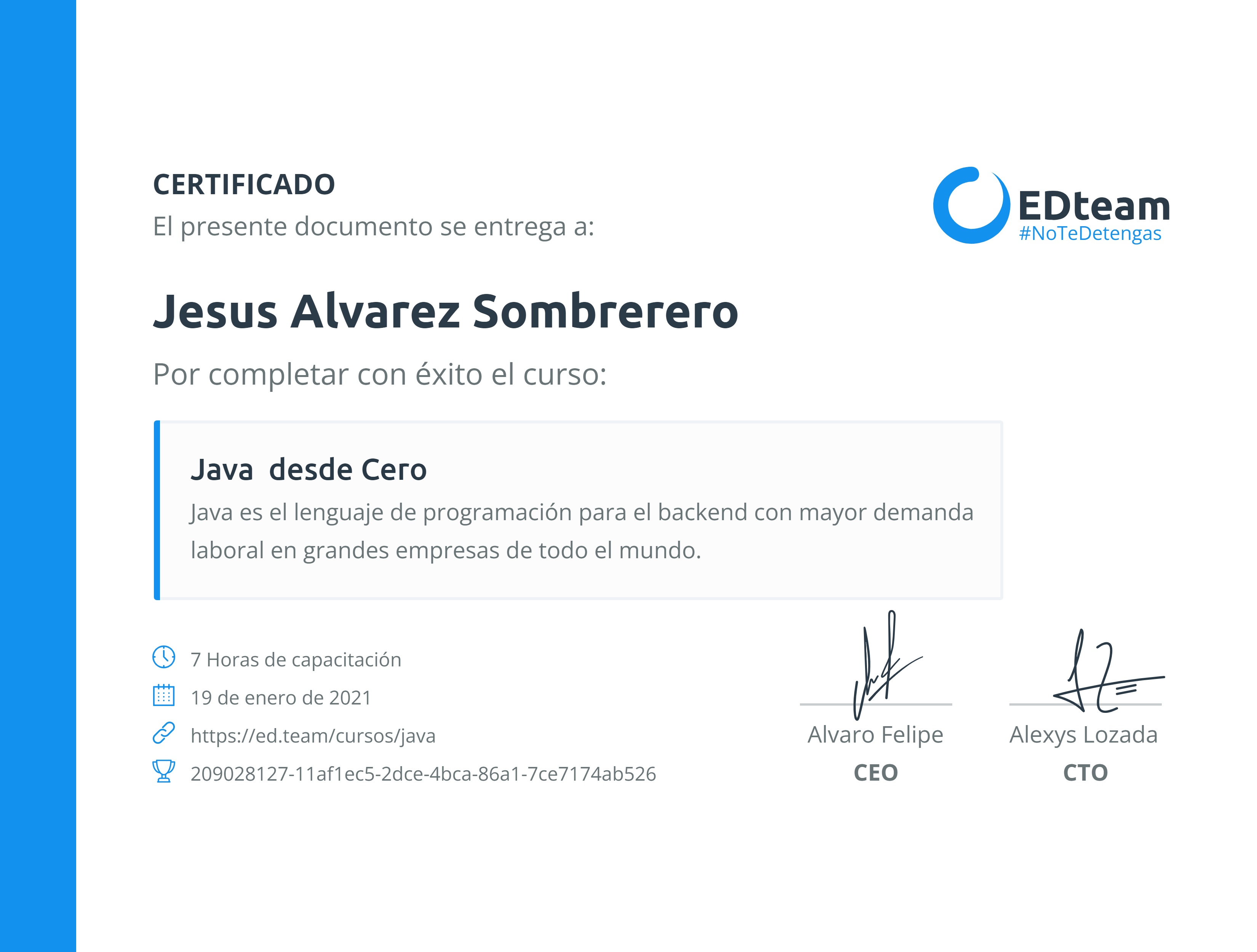 Certificado de Jesus Alvarez Sombrerero del curso Java desde Cero 2019