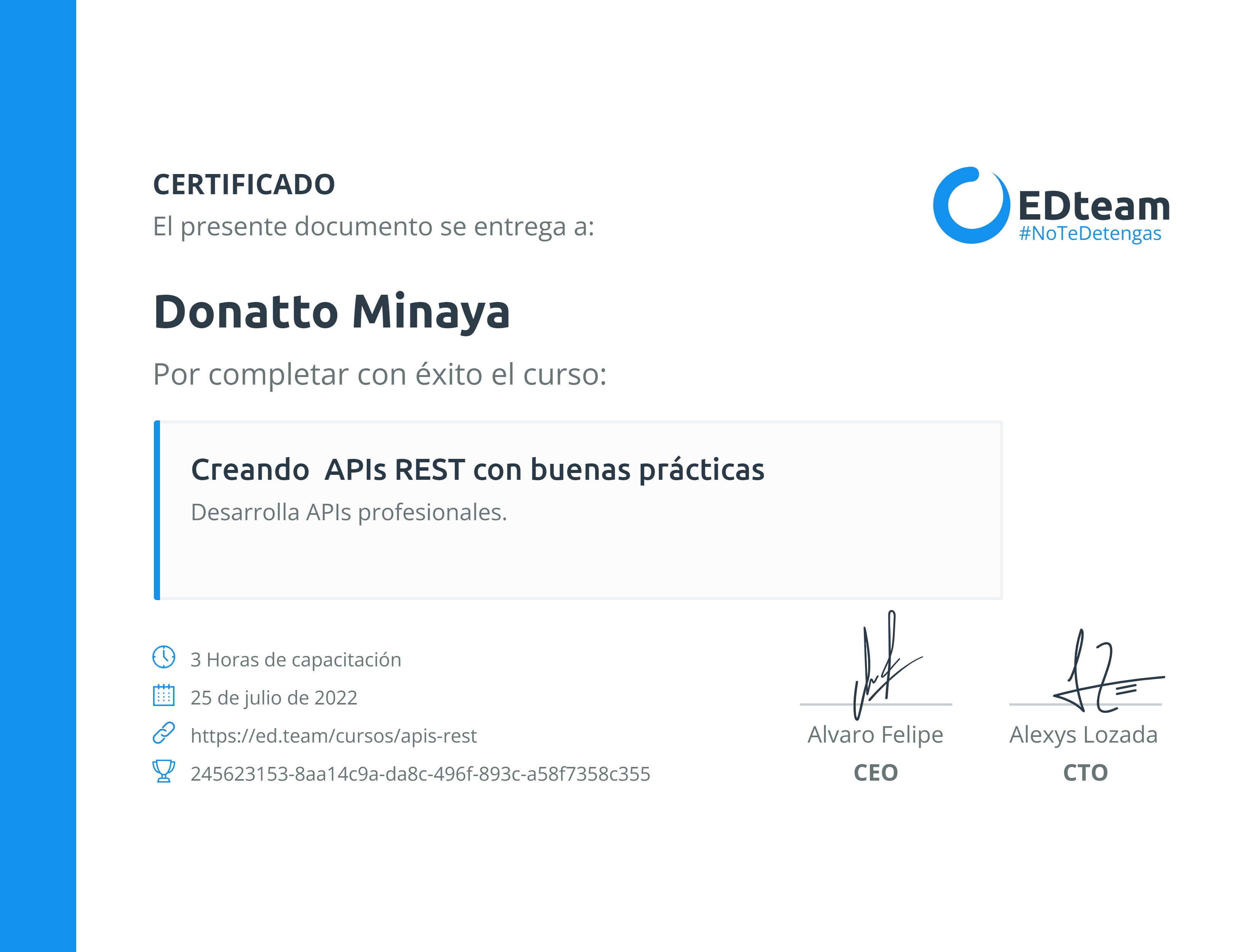 Certificado de Donatto Minaya del curso Creando APIs REST con buenas prácticas
