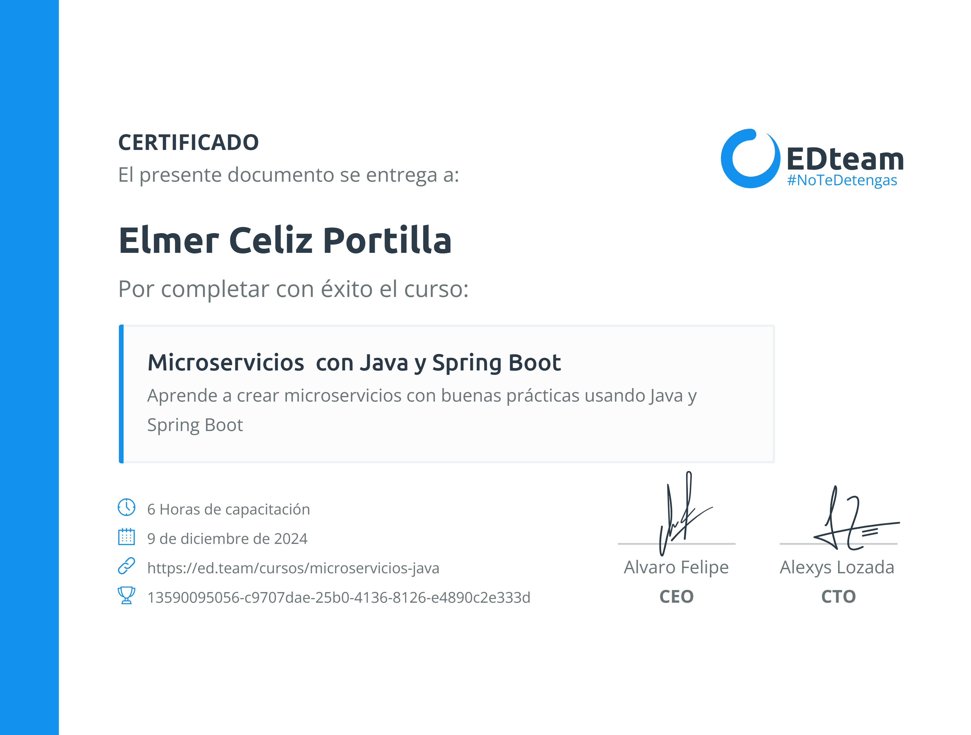 Certificado de Elmer Celiz Portilla del curso Microservicios con Java y Spring Boot