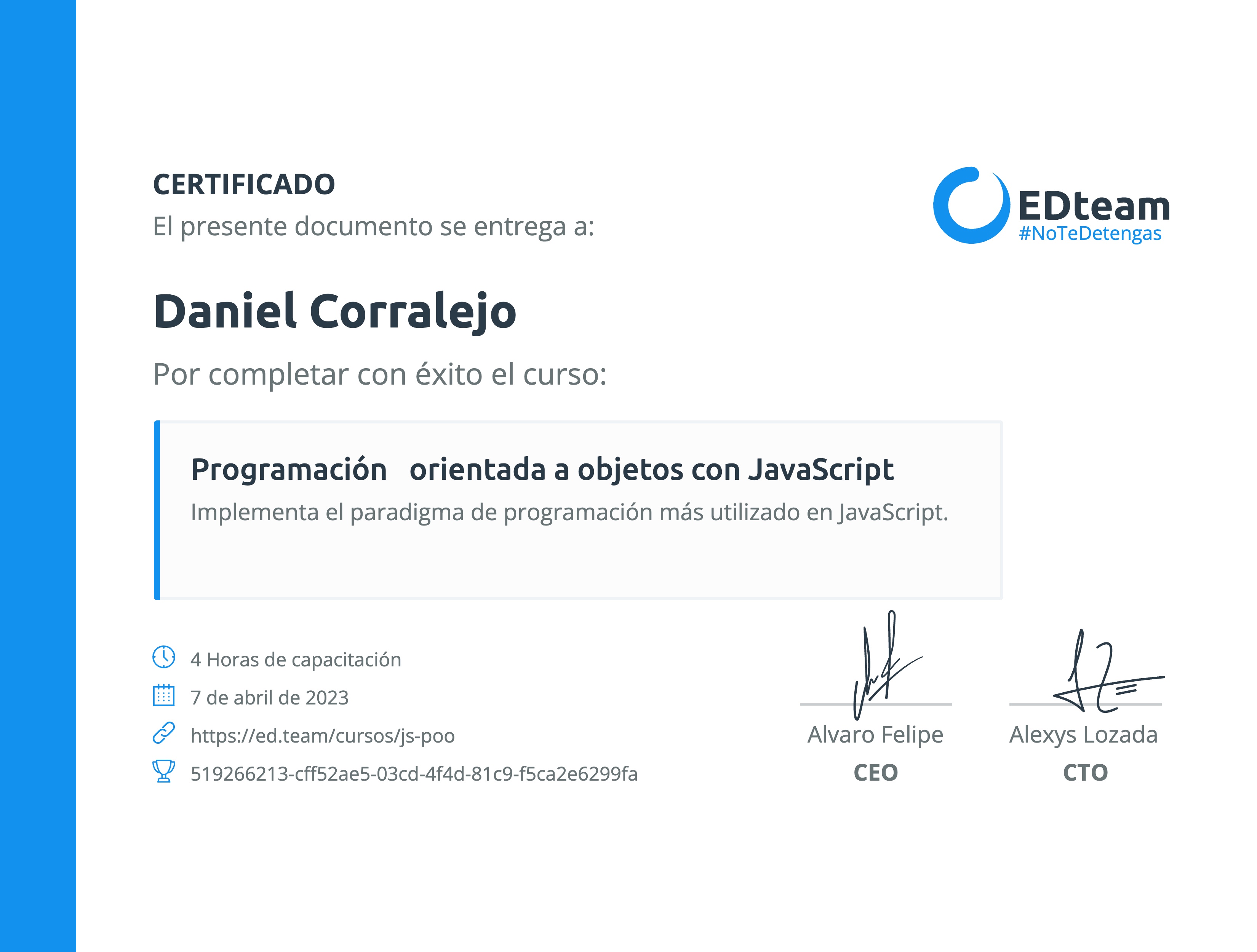 Certificado de Daniel Corralejo del curso Programación orientada a objetos con JavaScript