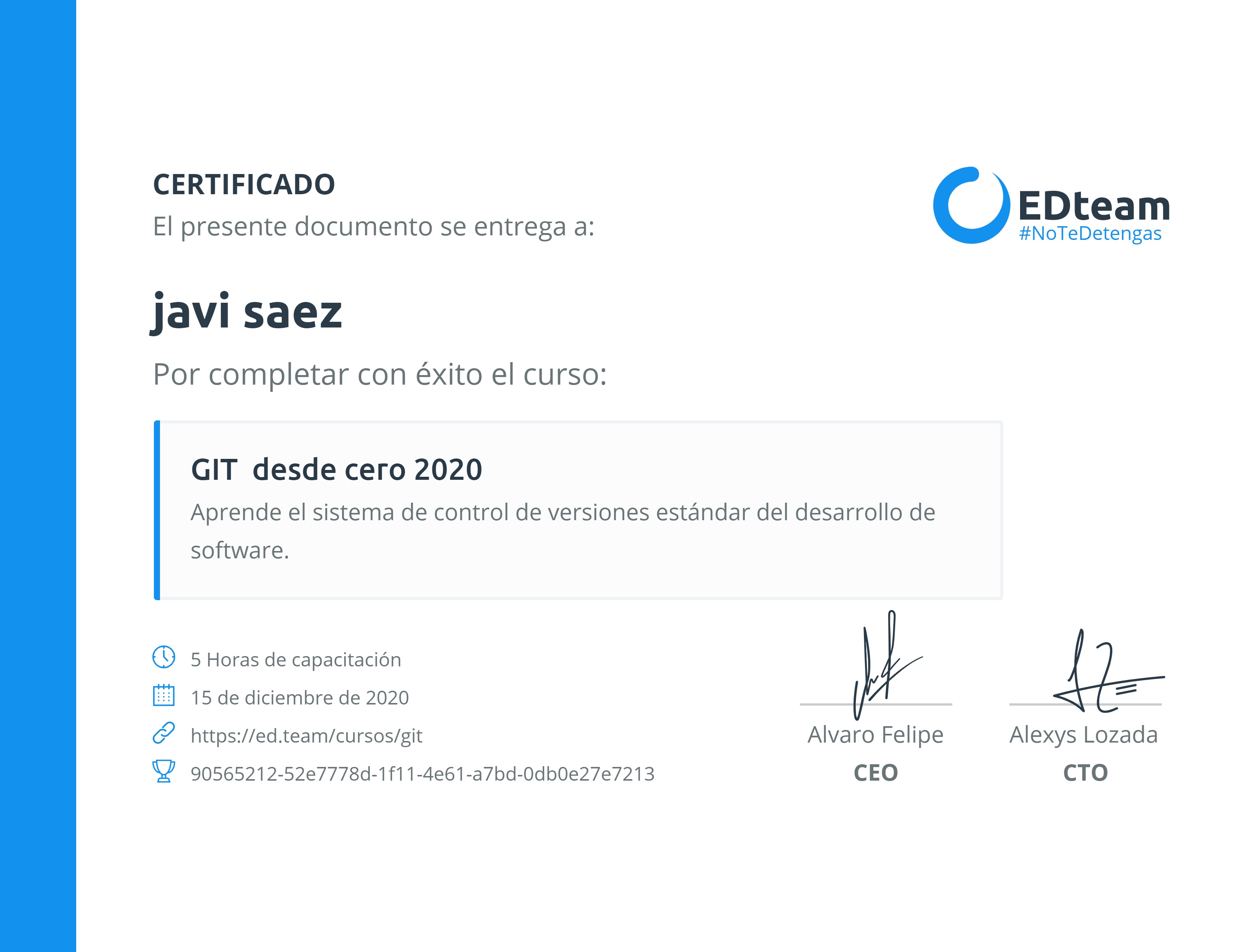 Certificado de javi saez del curso GIT desde cero