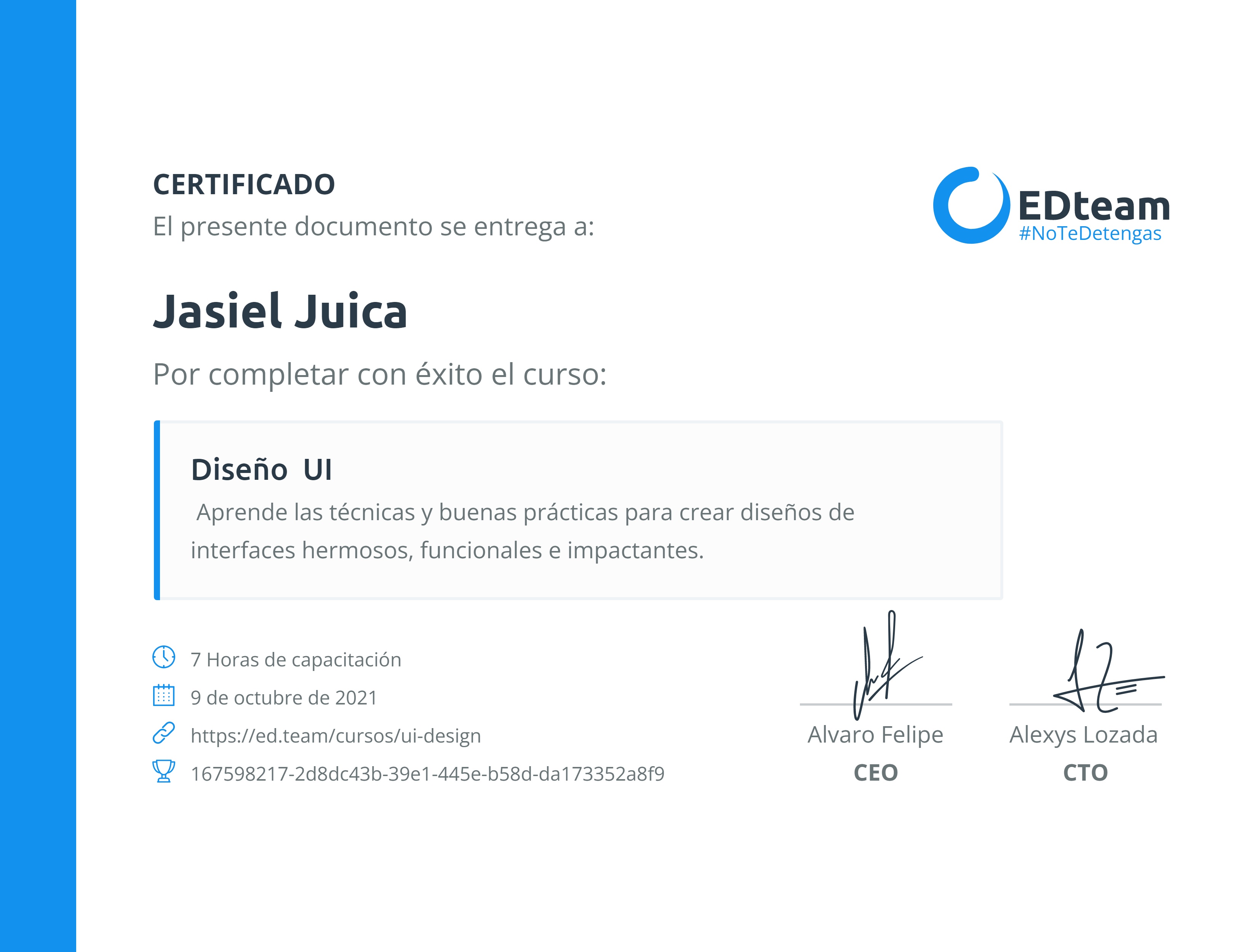 Certificado de Jasiel Juica del curso Diseño UI