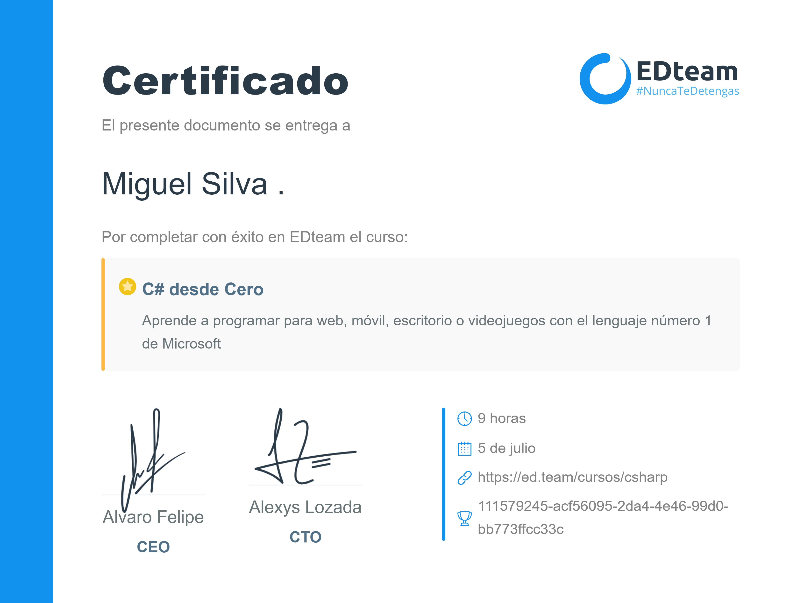 Certificado de Miguel Silva . del curso C# desde Cero (2020)