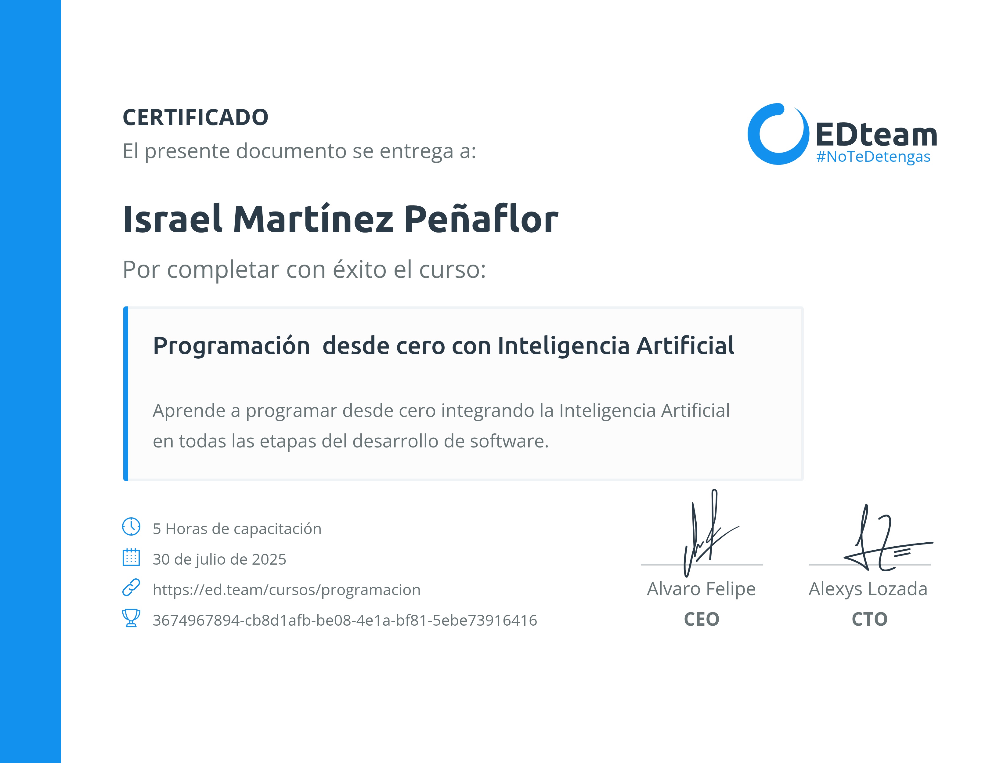 Certificado de Israel Martínez Peñaflor del curso Programación desde cero con Inteligencia Artificial