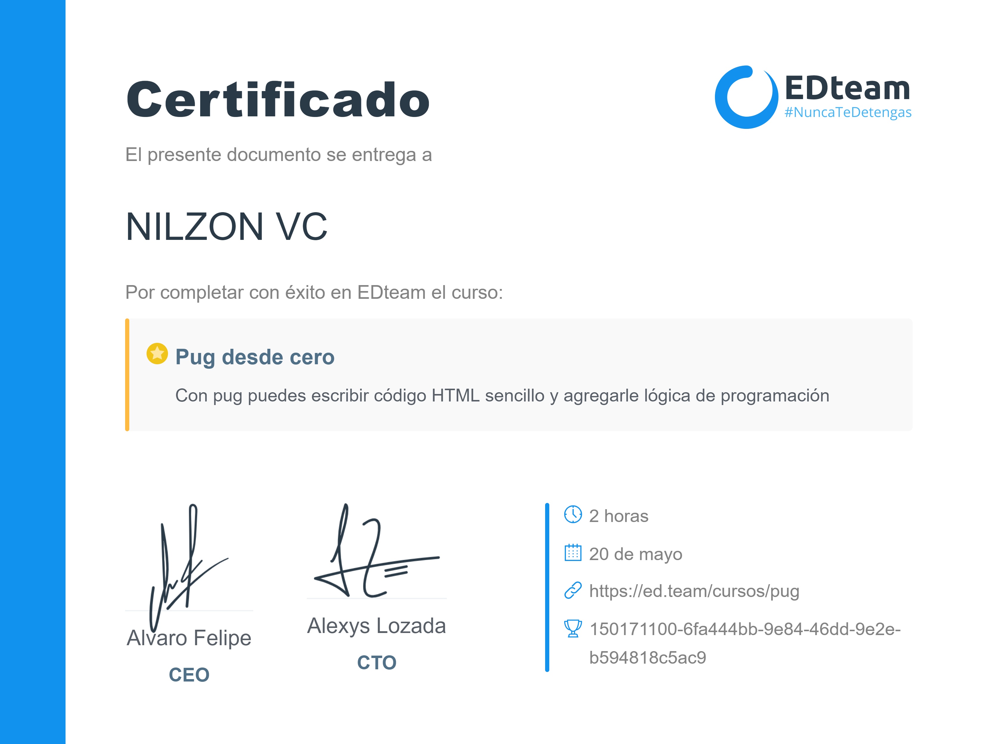 Certificado de NILZON VC del curso Pug desde cero (Gratis)