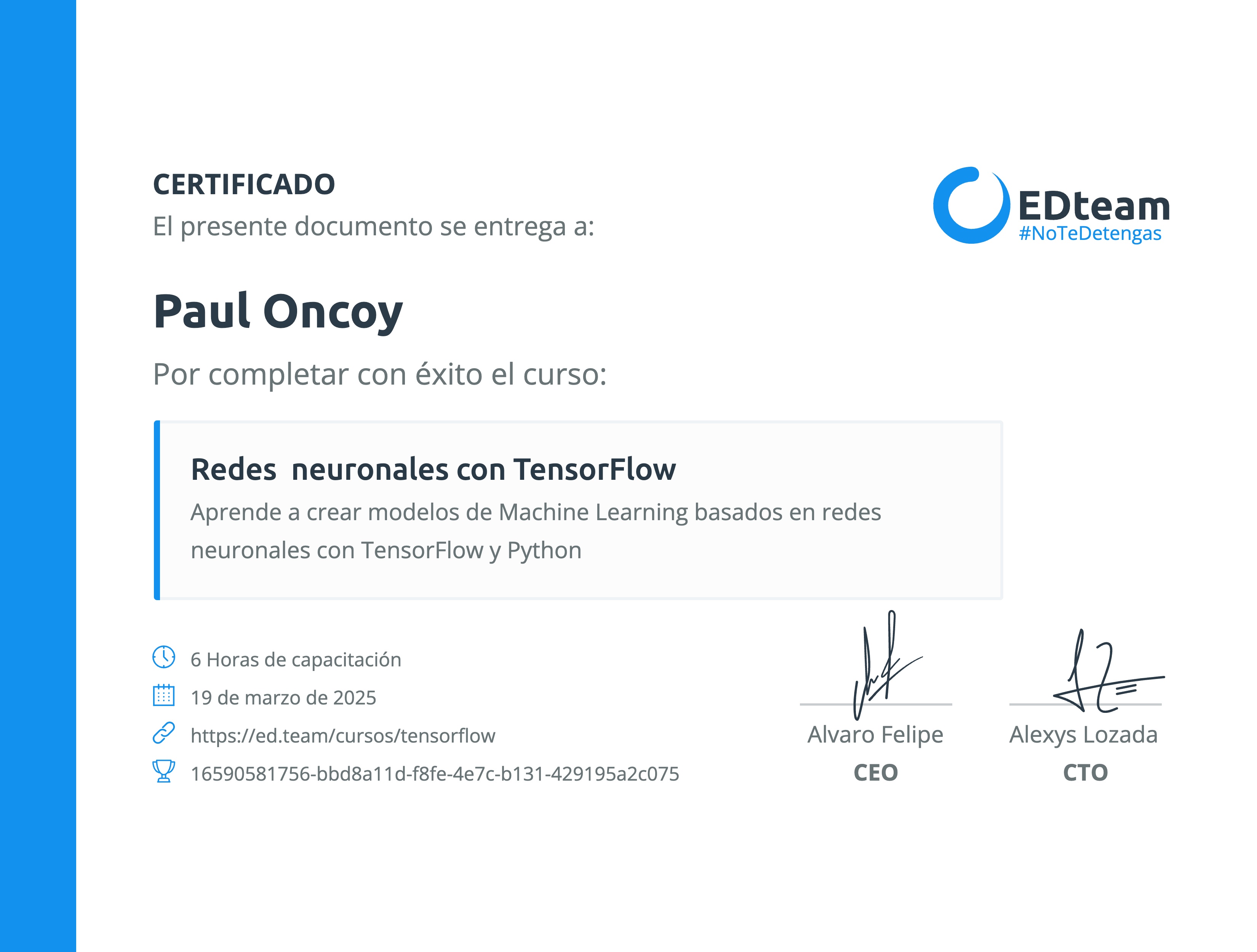 Certificado de Paul Oncoy del curso Redes neuronales con TensorFlow