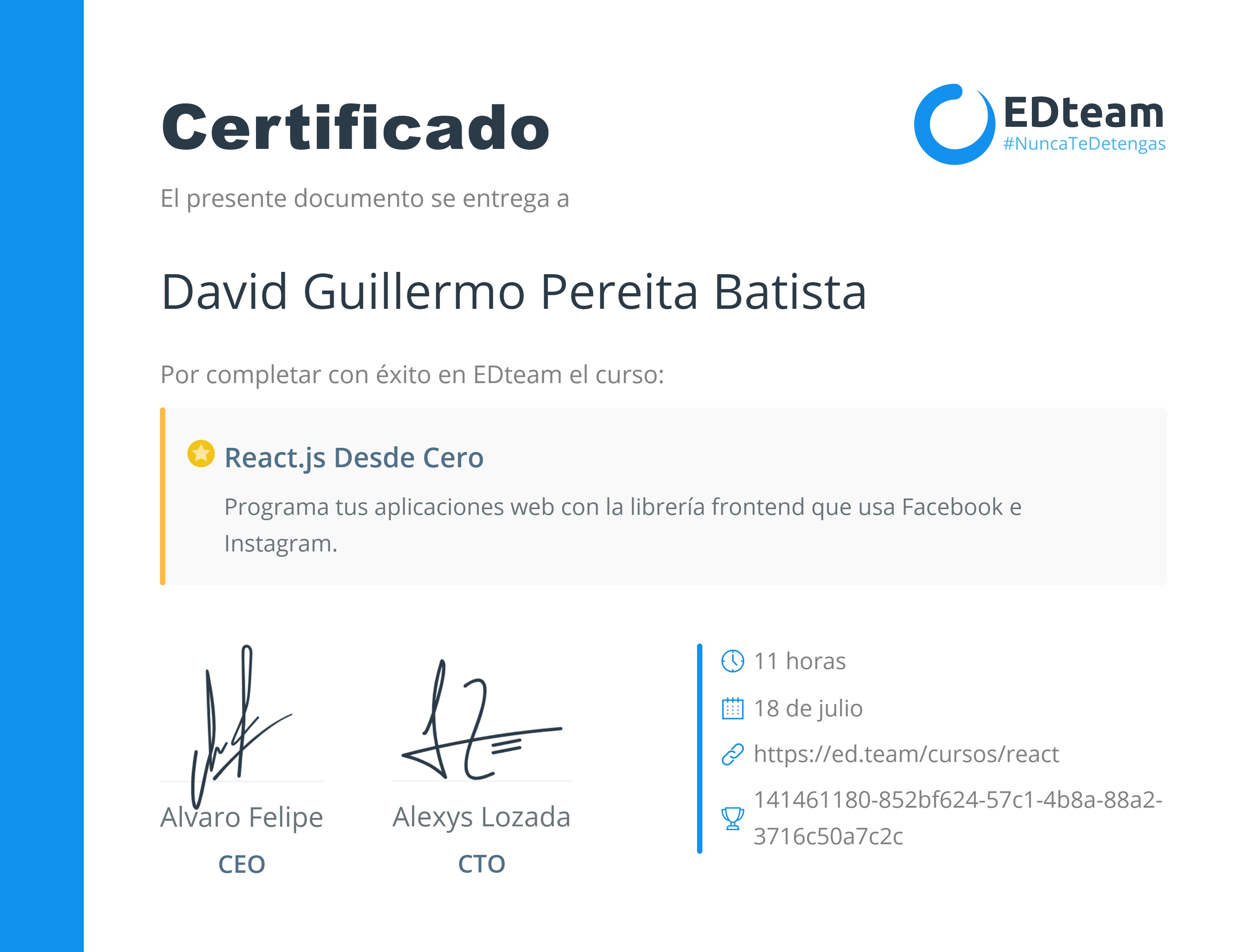 Certificado de David Guillermo del curso React.js Desde Cero (2019)