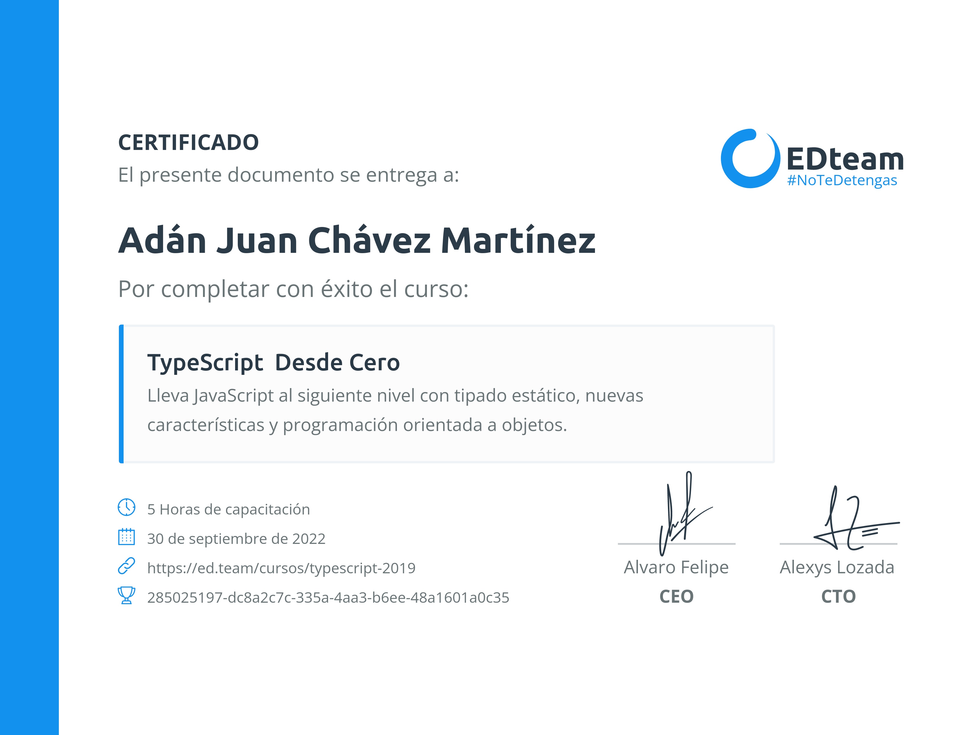 Certificado de Adán Juan Chávez Martínez del curso TypeScript Desde Cero