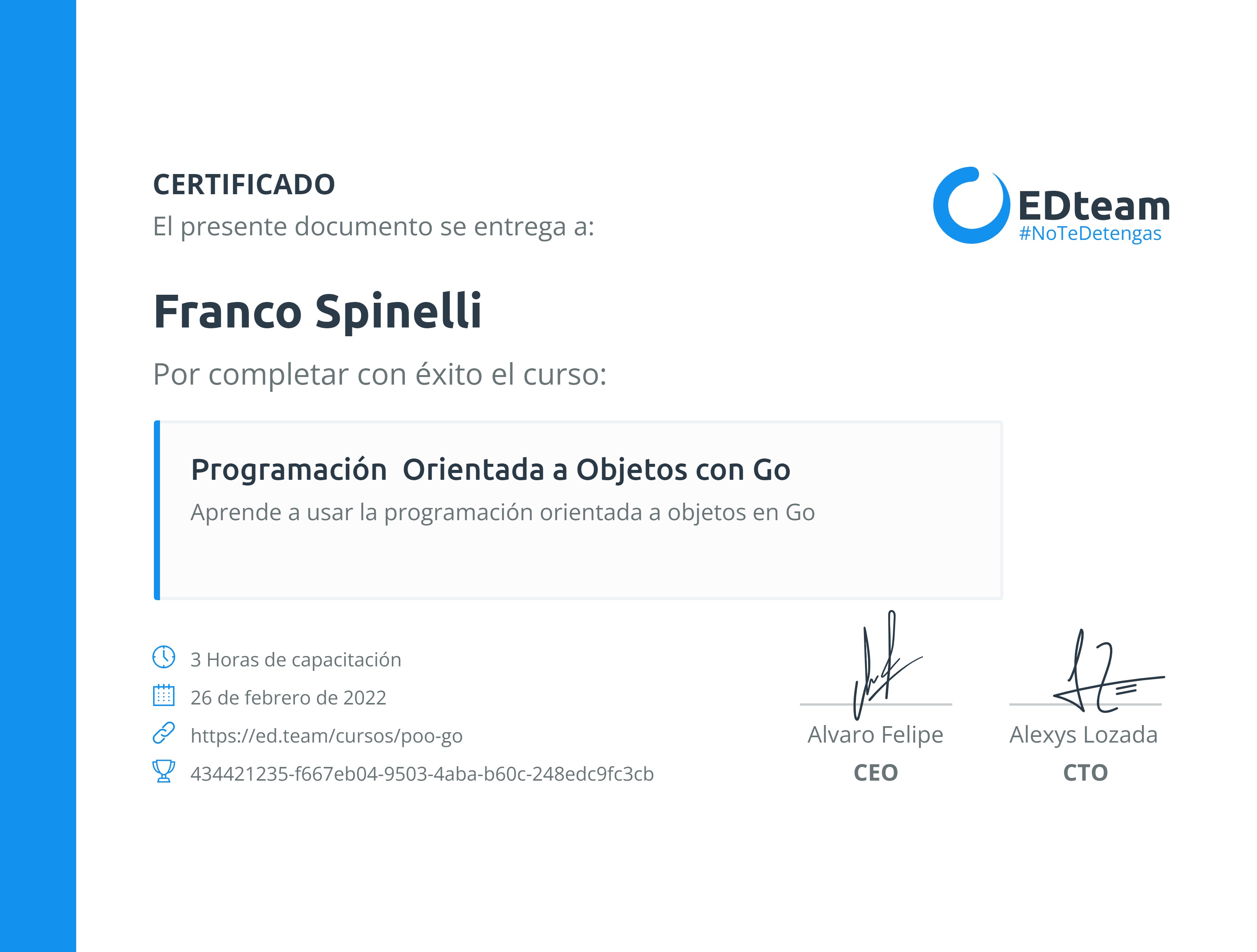 Certificado de Franco Spinelli del curso Programación Orientada a Objetos con Go
