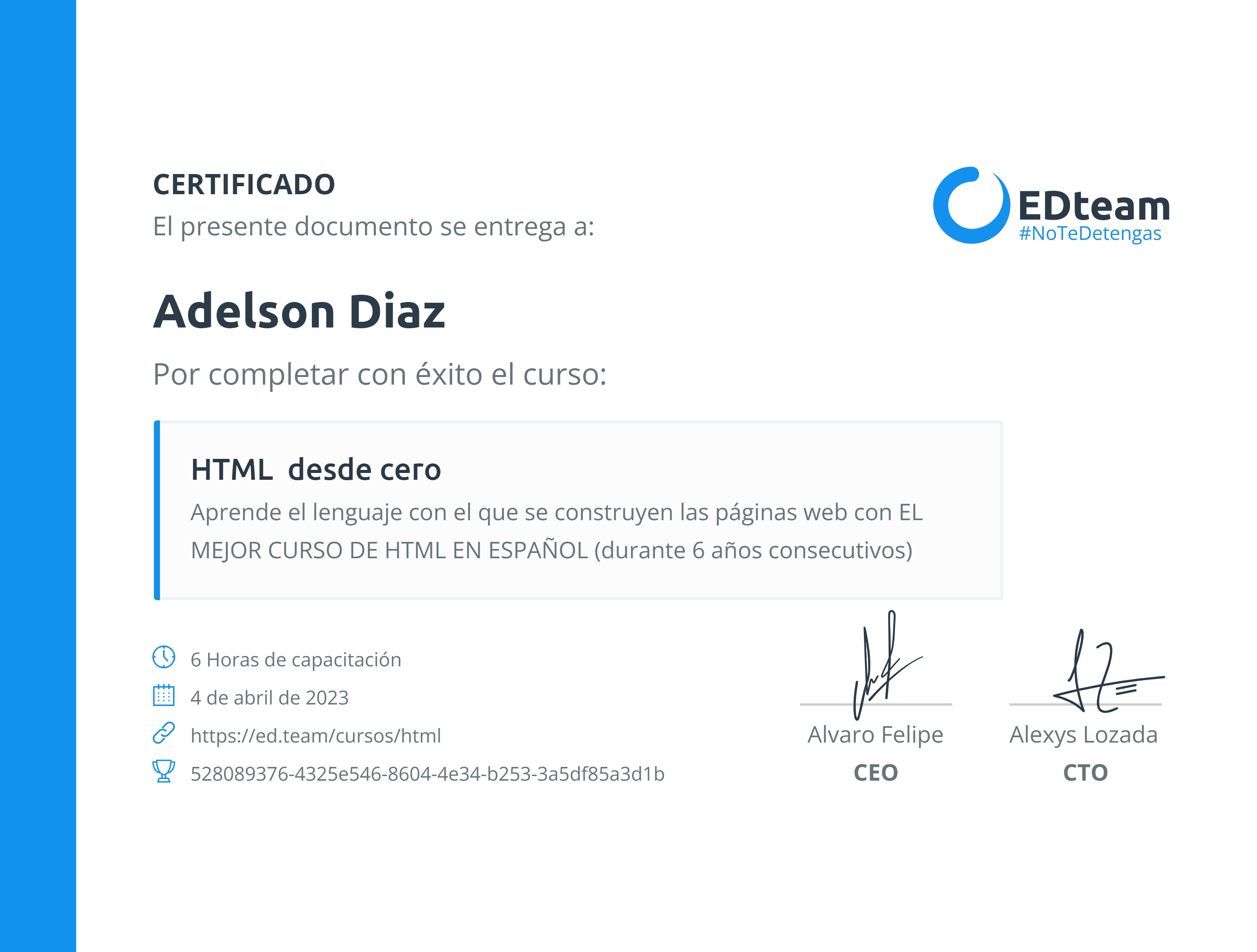 Certificado de Adelson Diaz del curso HTML desde cero
