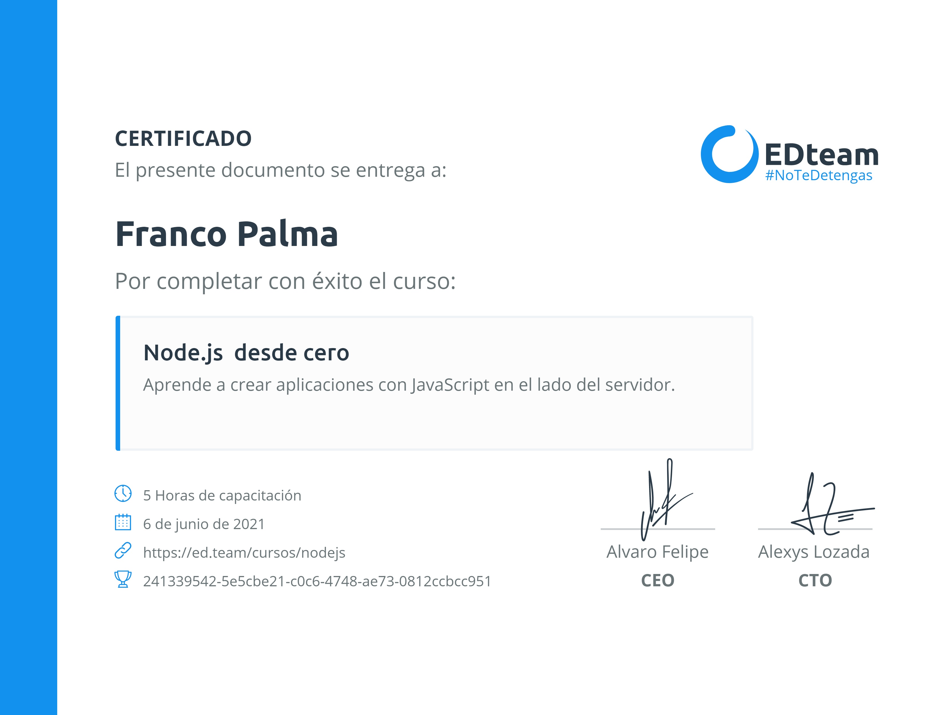 Certificado de Franco Palma del curso Node.js desde cero