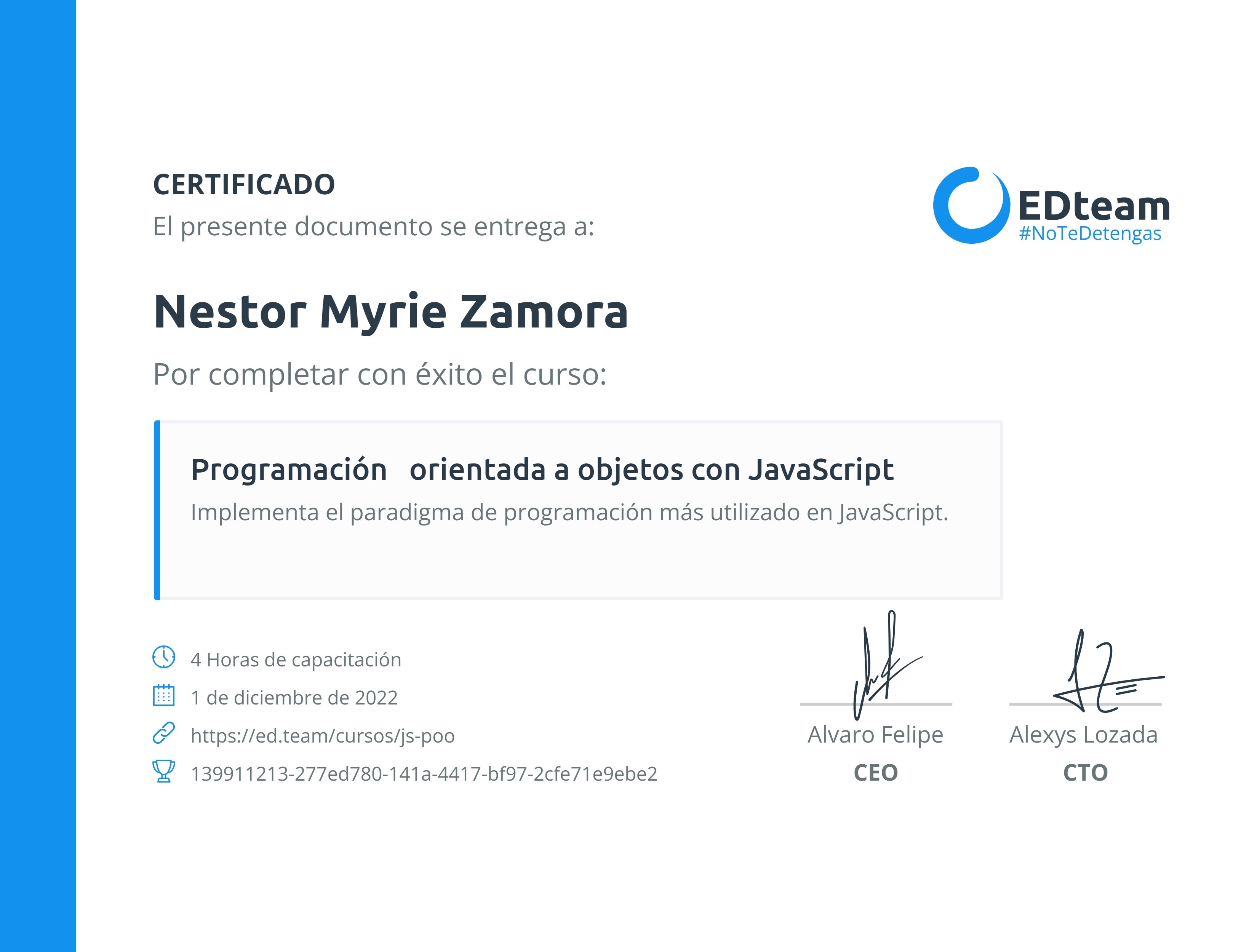 Certificado de Nestor Myrie Zamora del curso Programación orientada a objetos con JavaScript
