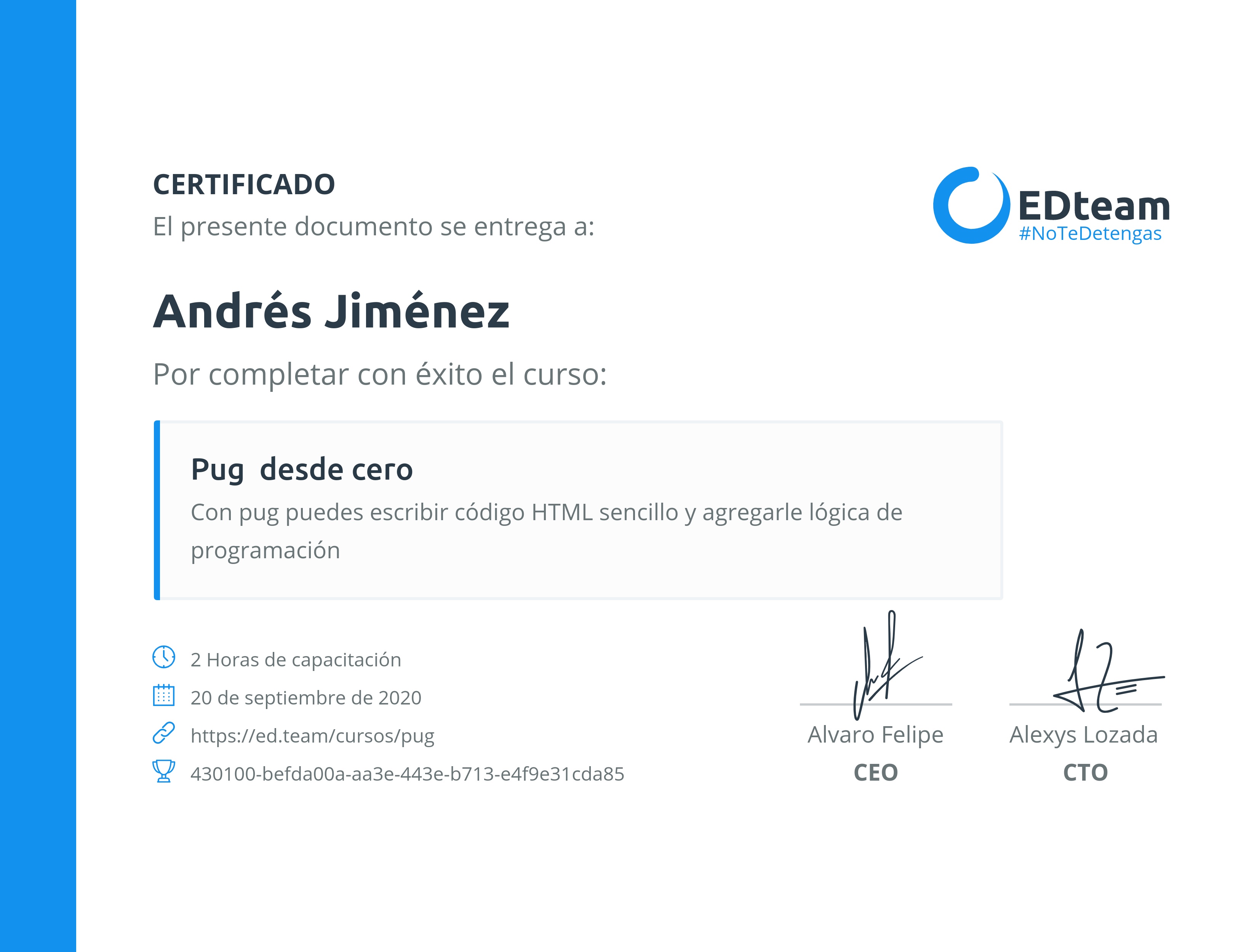 Certificado de Andrés Jiménez del curso Pug desde cero (Gratis)