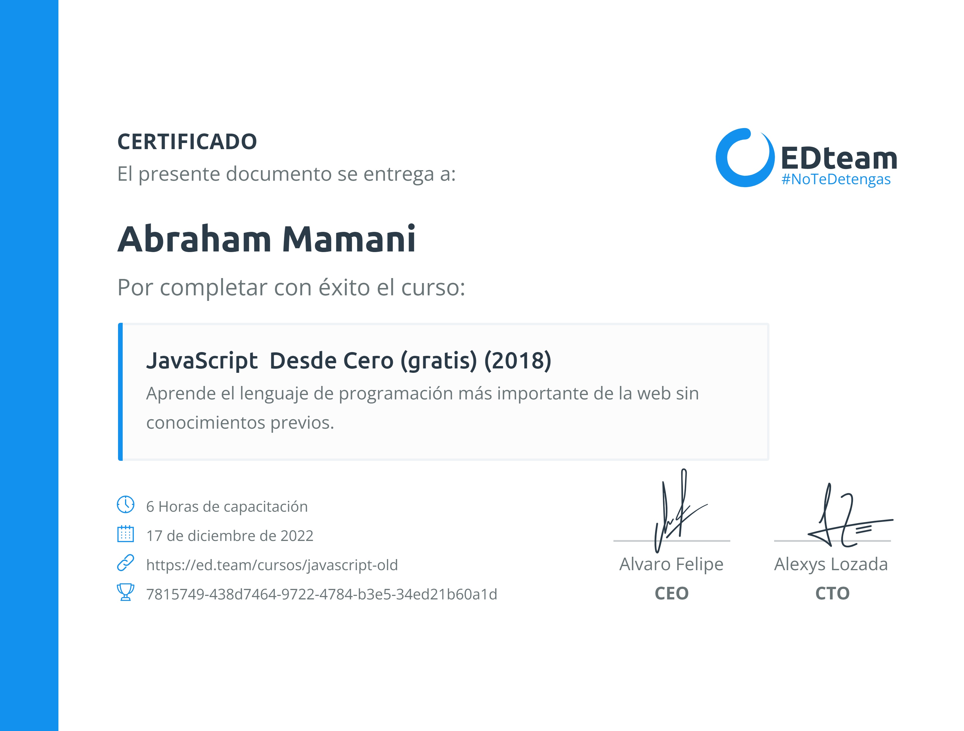 Certificado de Abraham M del curso JavaScript Desde Cero (gratis) (2018)