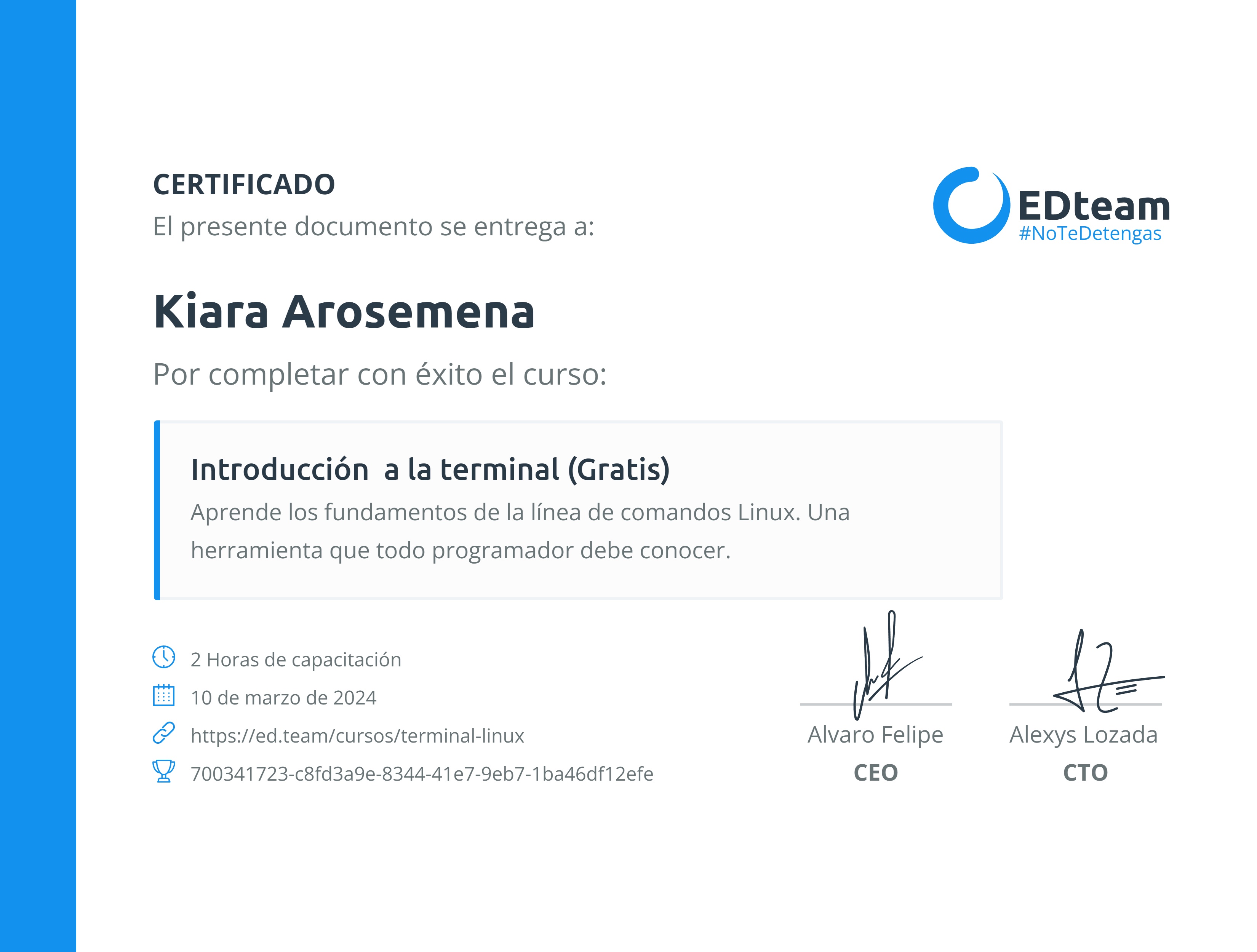 Certificado de Kiara Arosemena del curso Introducción a la terminal (Gratis)