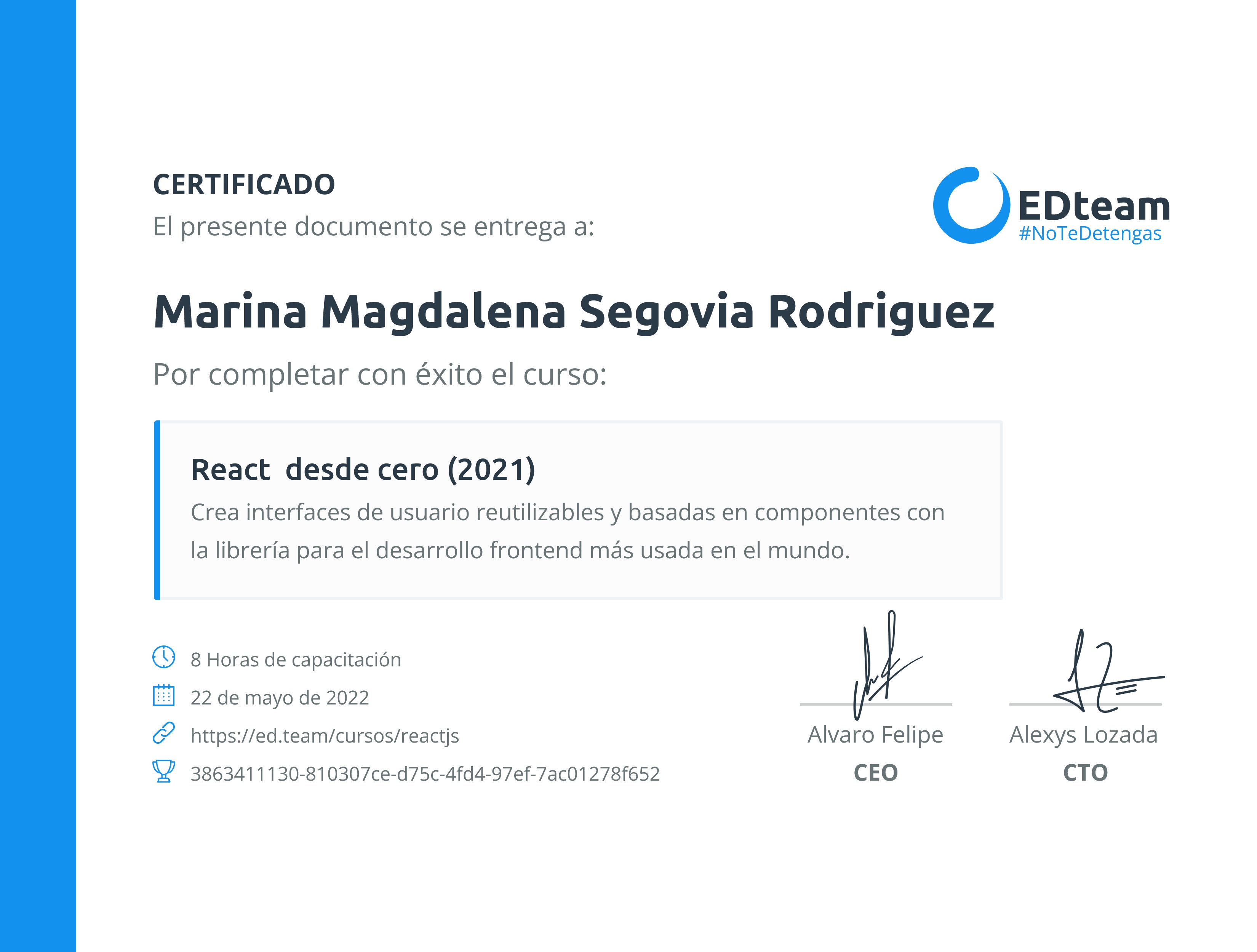 Certificado de Marina Magdalena Segovia Rodriguez del curso React desde cero (2021)